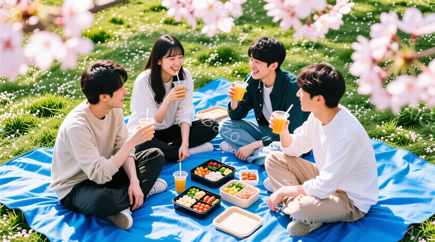 四人の若者が青い敷物の上に座り、それぞれオレンジジュースを手にしている。彼らはカジュアルな服装で、笑顔で互いに向き合い、楽しそうに会話しているようだ。背景には緑の芝生と桜の花びらが舞い、春の穏やかなピ - AI生成フリー素材