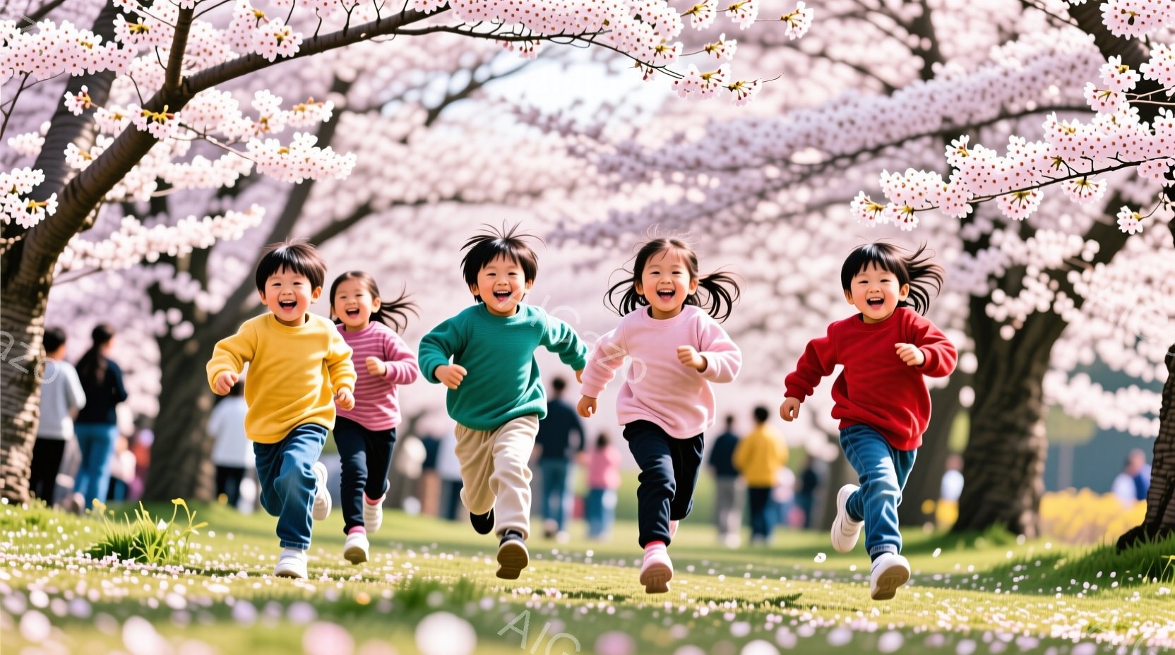 桜並木を背景に、黄色、緑、ピンク、赤の服を着た4人の子供たちが笑顔で走り去る様子が捉えられています。子供たちは皆、短い髪で活発に手を振り、明るい表情で楽しんでいるのがわかります。背景には桜の花びらが舞い散り、遠くには人々が見え、春の暖かく穏やかな雰囲気を醸し出しています。