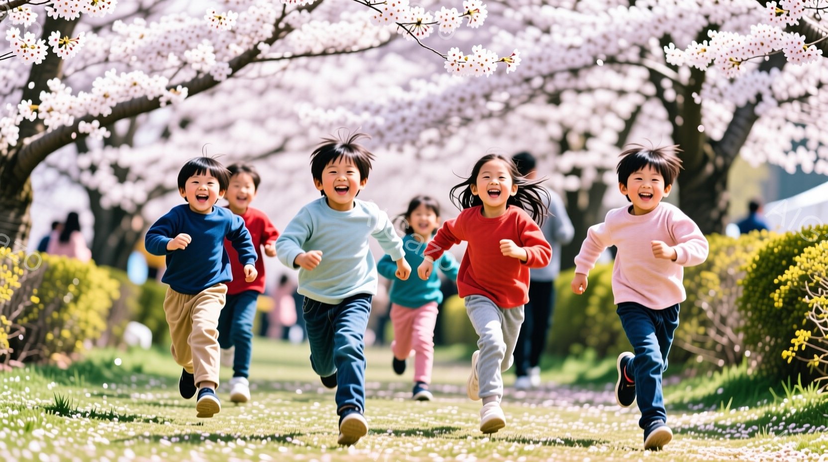 桜並木の中を、幼い子供たちが楽しそうに走っている様子が捉えられています。子供たちはそれぞれ青、赤、黄色の明るい色の服を着ており、髪型は短く、皆笑顔で躍動感に満ちています。背景には、満開の桜並木と緑豊か - AI生成フリー素材