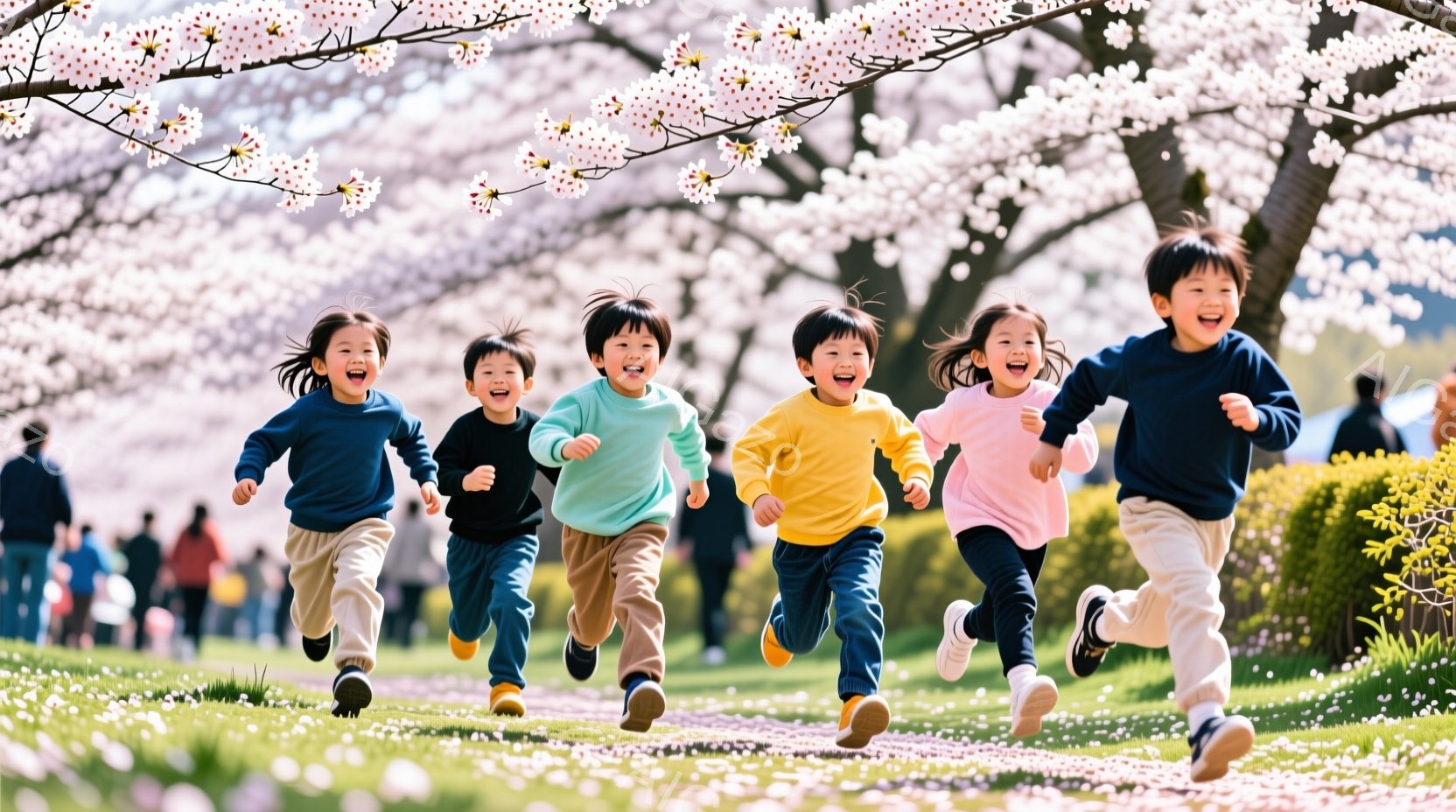 桜並木を背景に、５人の子供たちが笑顔で走り出している様子が写っている。子供たちはそれぞれ青、ターコイズ、黄、ピンク、濃い青のセーターを着ており、動きに合わせて髪がなびいている。背景には、満開の桜並木が広がり、地面には散った花びらが舞い、春の暖かく明るい雰囲気が伝わってくる。