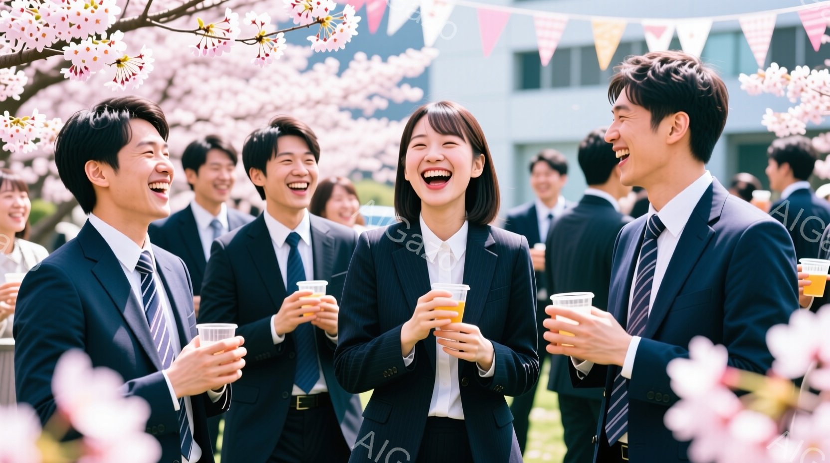 紺色のブレザーにネクタイを締めた学生たちが、桜並木の下で笑顔で集まっています。女性は特に大きく笑っており、皆、プラスチック製のコップを持って飲み物を楽しんでいます。背景には建物が見え、晴れた空と桜の花びらが舞う春の陽気な雰囲気が漂っています。