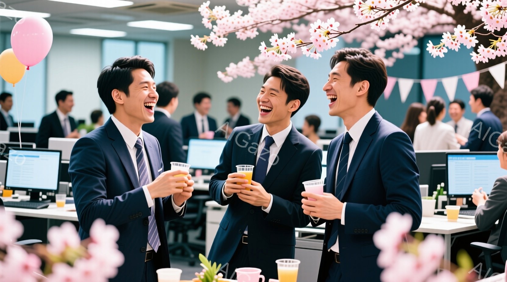 三人のビジネスマンがオフィスで互いに笑顔で向き合い、紙コップを持って楽しんでいる様子が描かれています。彼らは紺色のスーツにネクタイ姿で、髪型も整えられています。背景には他のオフィスワーカーや装飾が見え、桜の花が咲き誇り、明るくお祝いの雰囲気を感じさせます。