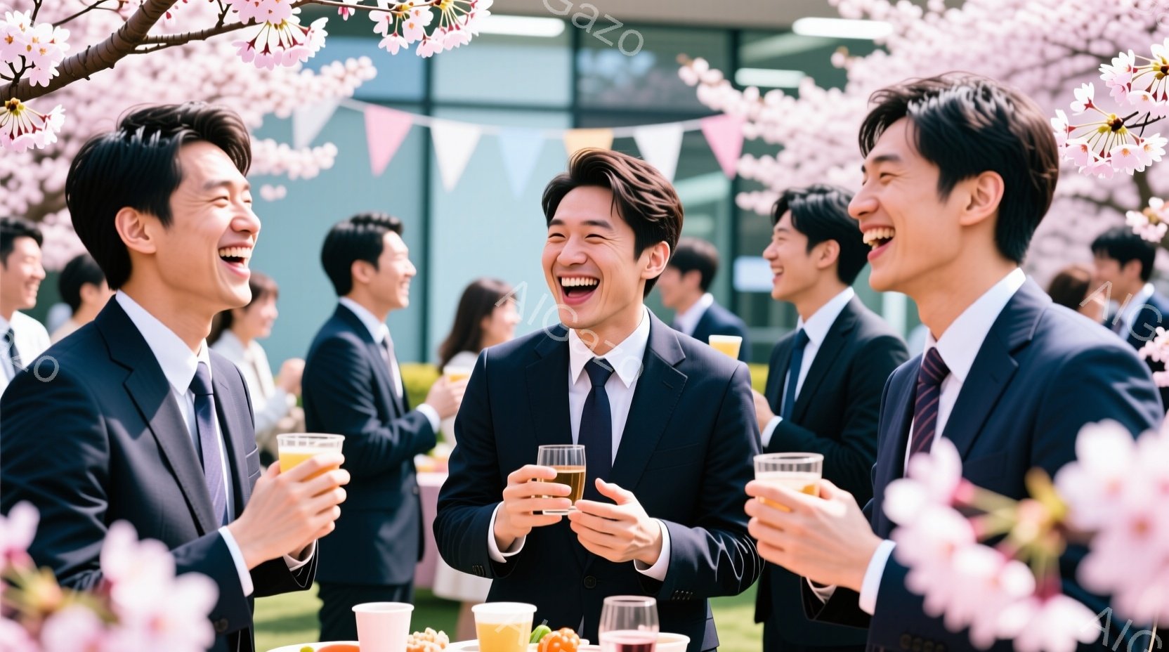 桜の花びらが舞う中で、紺色のスーツを着た男性たちが集まって楽しそうに笑っています。 彼らはグラスを持って乾杯しているようで、背景には建物と緑豊かな自然が見え、春の暖かな日差しが感じられます。 全体として、明るく華やかな春のイベントの雰囲気が伝わってきます。