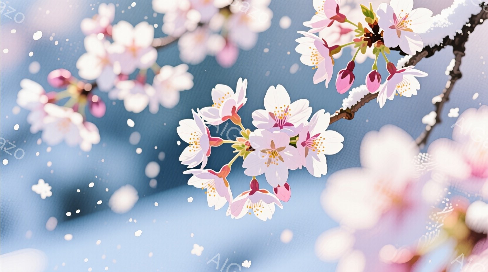 桜の花びらが舞い散る様子を捉えた画像です。淡いピンクと白の花びらが、青みがかった背景の中で美しく咲き誇り、春の訪れを感じさせます。背景はぼやけており、花びらが一層引き立ち、優雅で儚い雰囲気を醸し出しています。