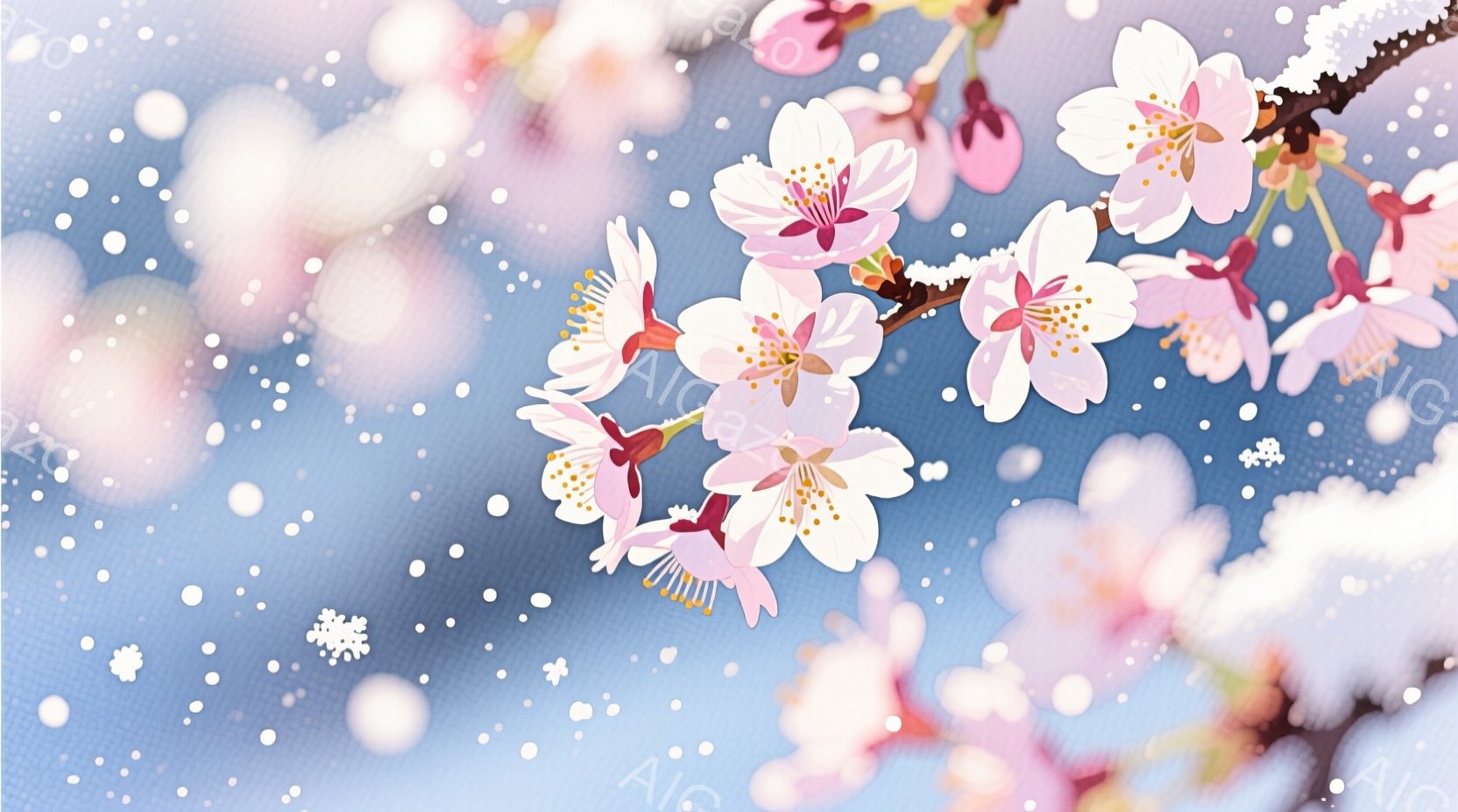 桜の花が咲き誇る様子をクローズアップした画像です。淡いピンク色の花びらは繊細で、春の訪れを感じさせます。背景はぼやけた青空と白く舞う雪のような光の粒子で、幻想的で穏やかな雰囲気を醸し出しています。