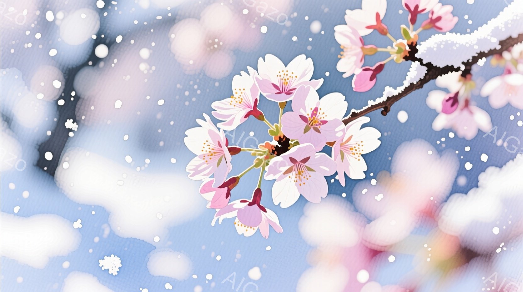 淡いピンク色の桜の花が咲き誇り、春の訪れを感じさせる美しい一枚です。背景はぼやけた淡い水色で、まるで雪が舞っているかのような幻想的な雰囲気を醸し出しています。枝は薄い雪で覆われ、全体的に柔らかく繊細な印象を与えます。