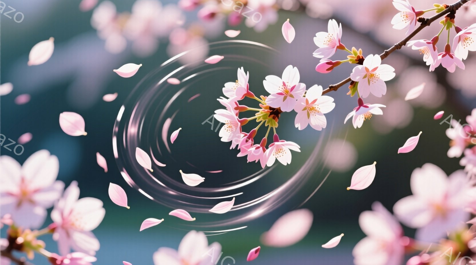 桜の花びらが舞い散る様子が捉えられた、春の情景です。水面には花びらが落ちて同心円状の波紋が広がり、背景は穏やかな緑色でぼやけています。全体的に、繊細で穏やかな、春の儚さを感じさせる雰囲気です。
