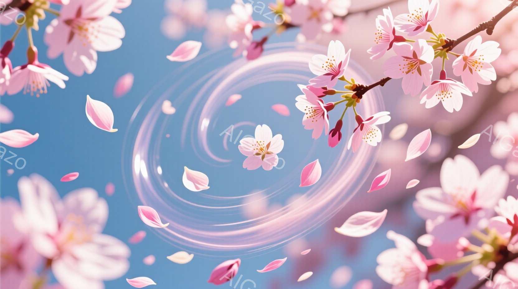 桜の花びらが空中に舞い散り、春の訪れを感じさせる美しい光景です。淡いピンク色の花びらが、水面の波紋のような円を描きながら、空に溶け込んでいきます。背景は青空で、穏やかで幻想的な雰囲気が漂っています。 - AI生成フリー素材