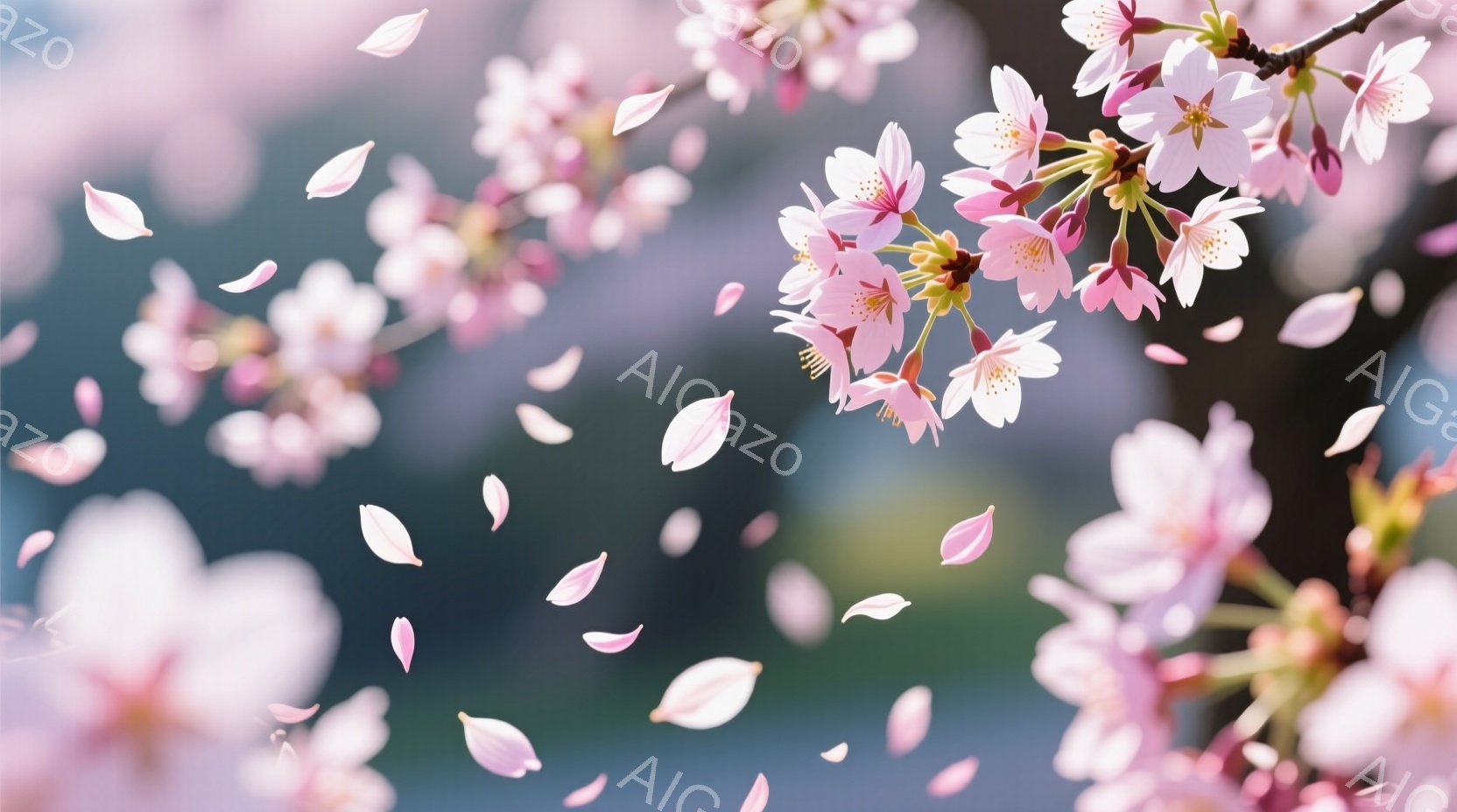 桜の花びらが舞い散る様子を捉えた写真です。淡いピンク色の花びらが、ぼやけた緑色の背景の中で、まるで雪のように降り注いでいます。春の暖かく、儚い美しさを表現した、優雅で幻想的な雰囲気の写真です。 - AI生成フリー素材