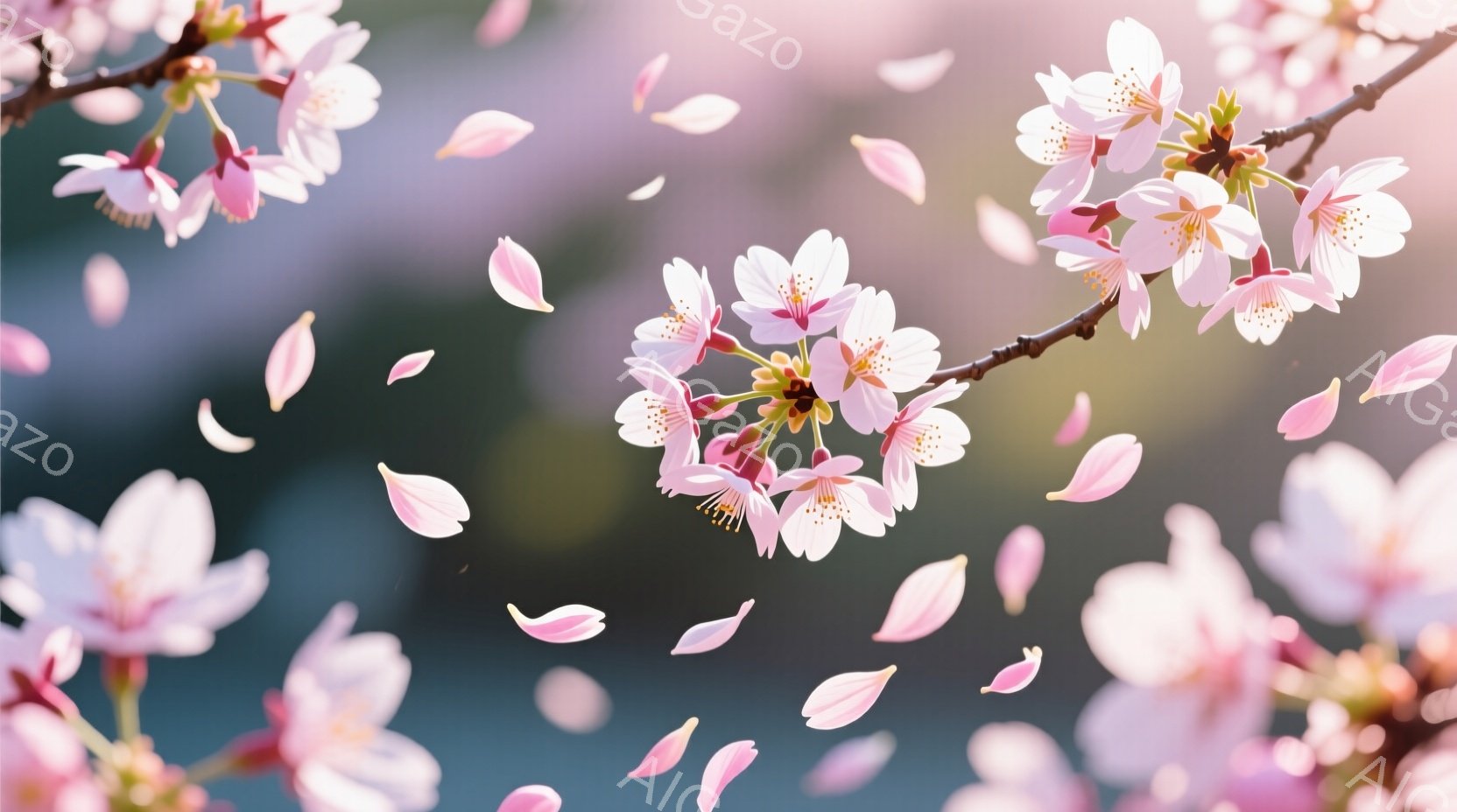 桜の花びらが舞い散る様子が捉えられた画像です。薄桃色の花びらが空中に散りばめられ、春の穏やかで幻想的な雰囲気を醸し出しています。背景はぼやけており、自然豊かな春の風景を想像させます。 - AI生成フリー素材