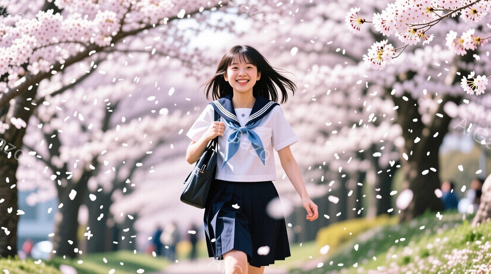 制服を着た若い女性が桜並木の中を歩いている。彼女は白いブラウス、濃い青色のスカート、そしてネクタイを結んでいる。彼女は笑顔で前を見つめ、リュックサックを肩に掛けている。 - AI生成フリー素材