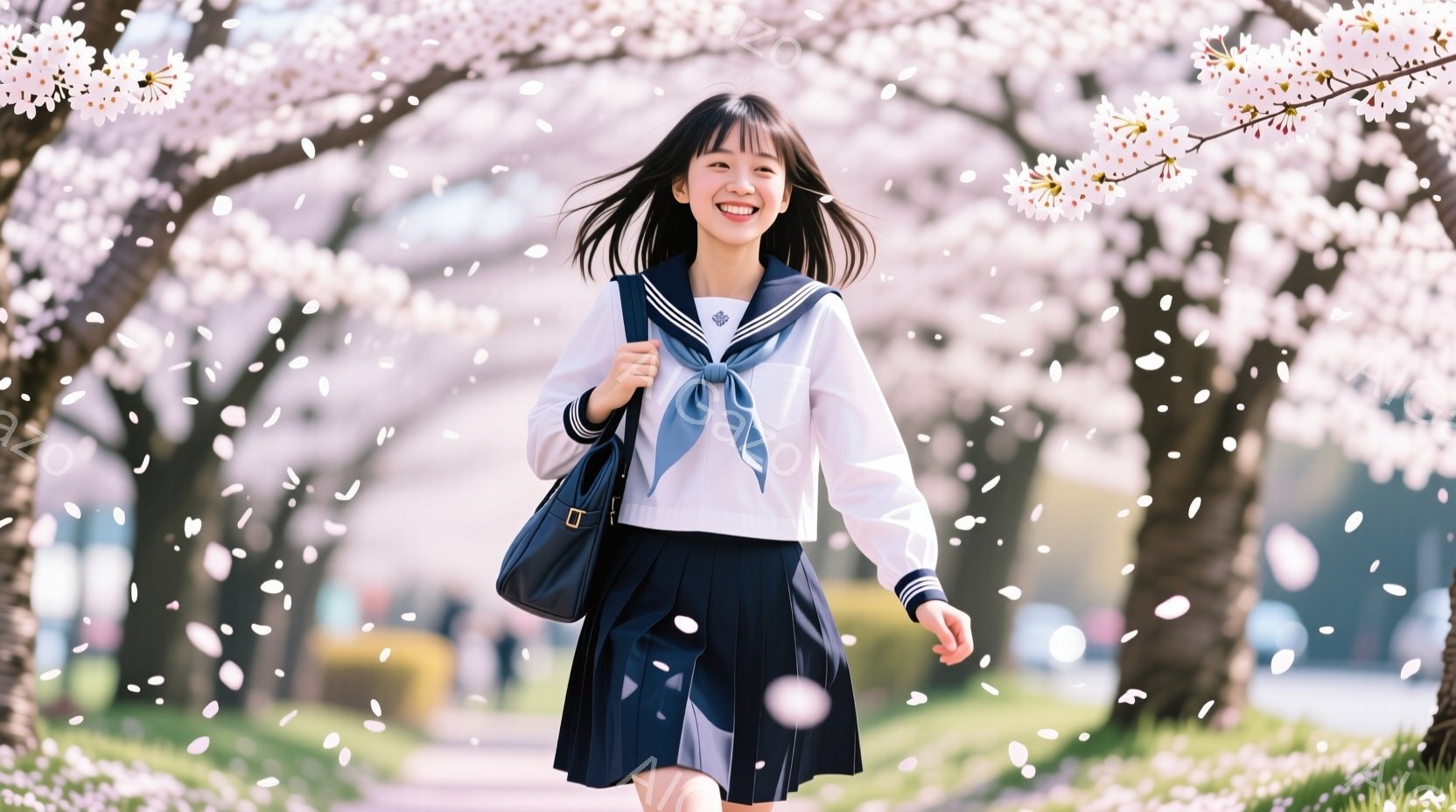 制服を着た女子学生が、桜並木の中を歩いている。彼女は紺色のスカートと白いセーラーシャツを着ており、肩には黒いショルダーバッグをかけている。表情は明るく、少し上目遣いで、春の陽光に照らされた桜の花びらが舞い散る様子が、爽やかで希望に満ちた雰囲気を醸し出している。