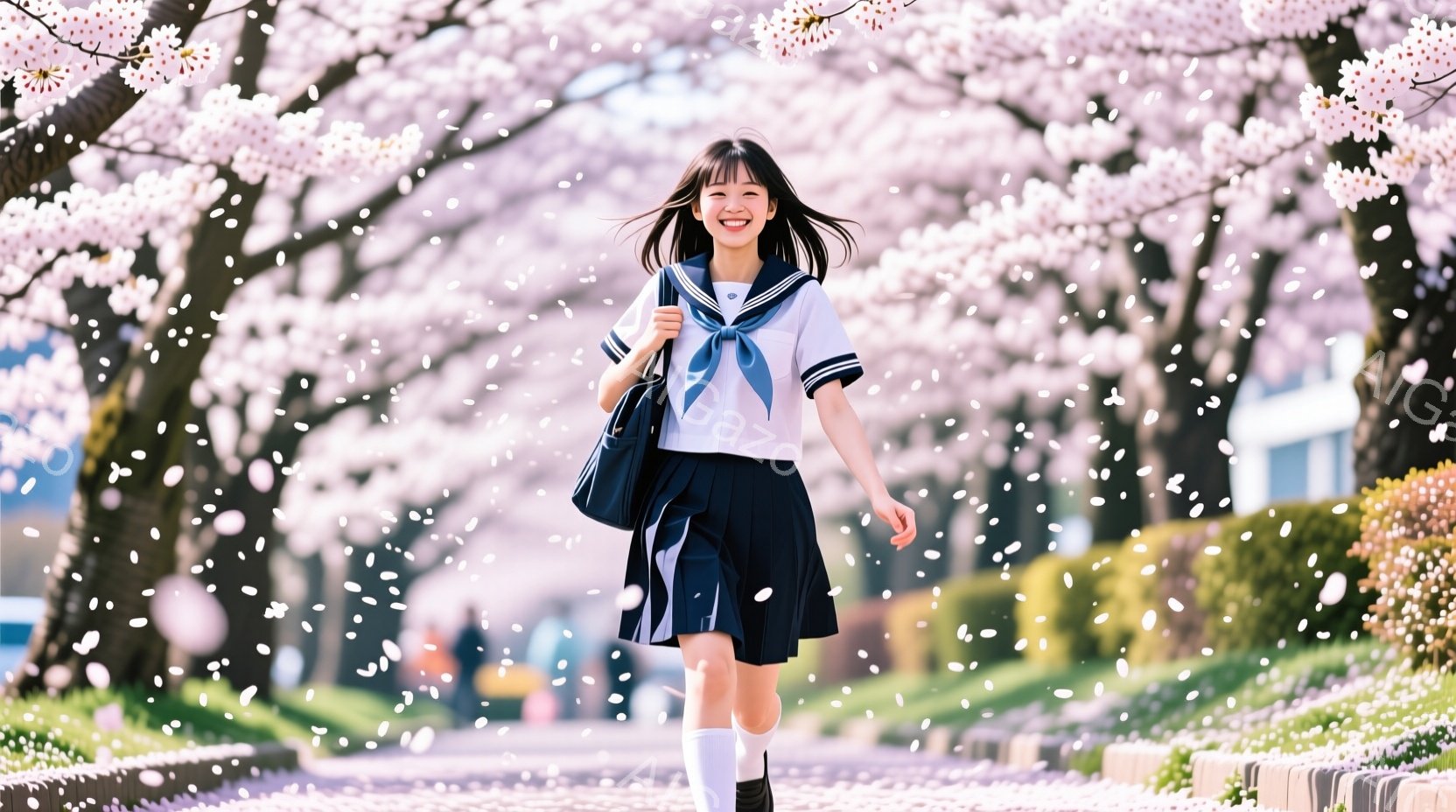 紺色のリボンとブレザー、プリーツスカート、白いソックスを履いた女子学生が、桜並木の中を笑顔で歩いている。彼女は少し内股気味で、右手をわずかに上げ、歩くことに喜びを感じているようだ。背景には、満開の桜並木と、ぼんやりとした建物が見え、春の暖かく明るい雰囲気が漂っている。