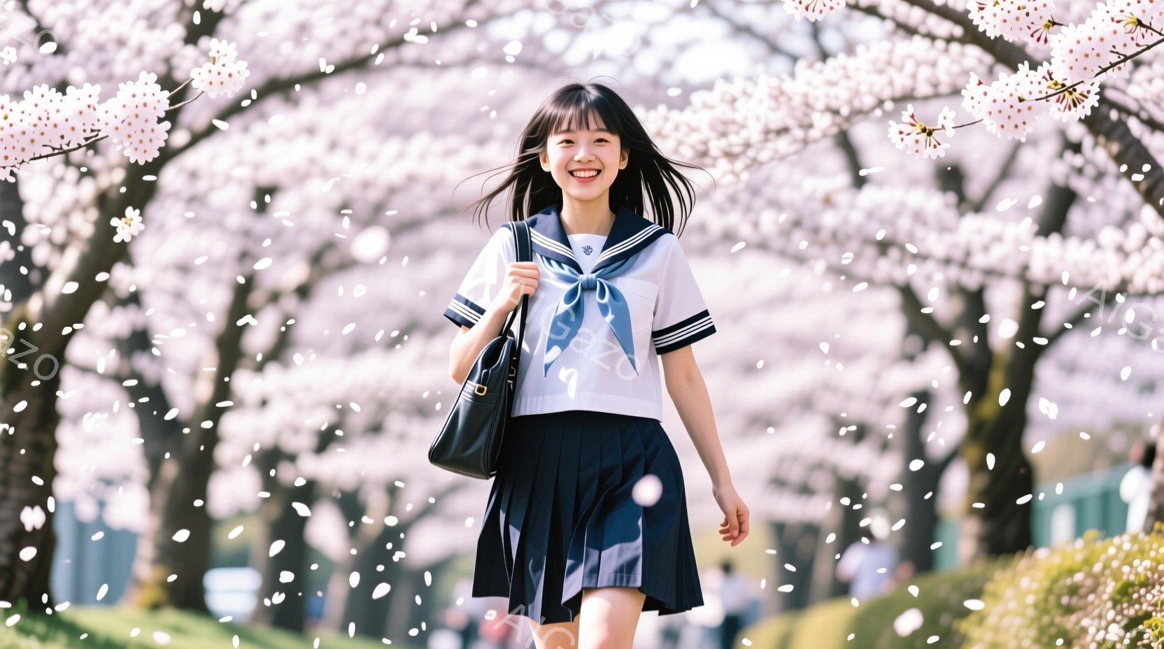 紺色のリボンとブレザー、プリーツスカートの制服を着た女子学生が、桜並木の中を歩いている。彼女は微笑んでおり、顔には明るい表情が浮かんでいる。背景には、満開の桜が舞い、春の暖かく穏やかな雰囲気を醸し出している。