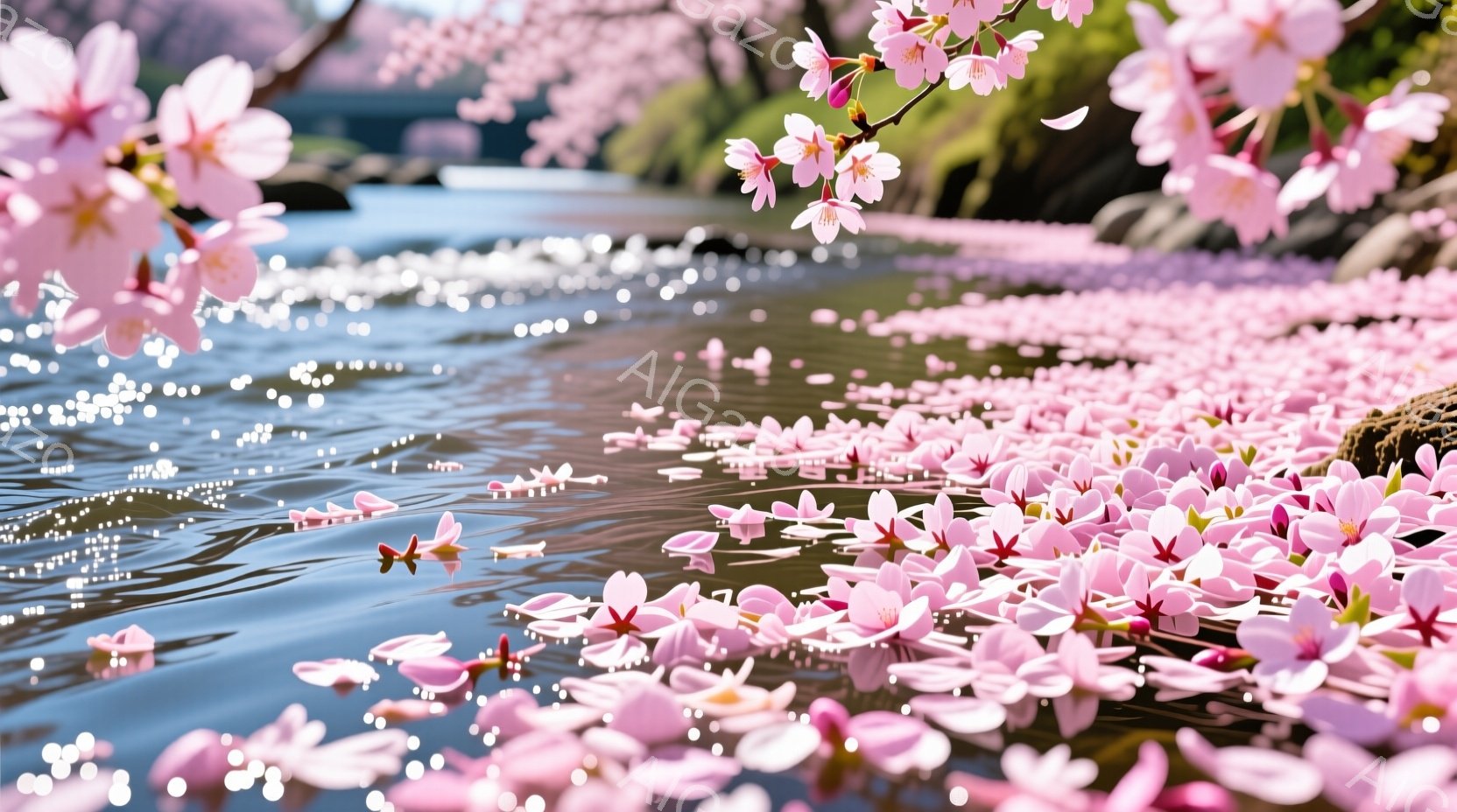 桜の花びらが水面に広がり、まるでピンク色の絨毯のようだ。背景にはぼんやりと緑豊かな山並みと、遠くに見える橋が確認でき、春の穏やかな陽気が感じられる。全体的に柔らかく、幻想的な雰囲気が漂っている。