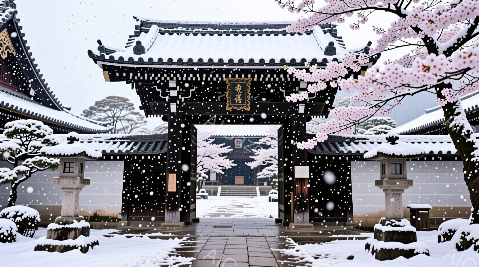 雪が舞う中、伝統的な日本の城門が写っている。門は黒く、屋根には雪が積もり、門の両脇には石灯籠が設置されている。背景には雪に覆われた建物と、満開の桜が美しく、静かで厳かな雰囲気を醸し出している。 - AI生成フリー素材