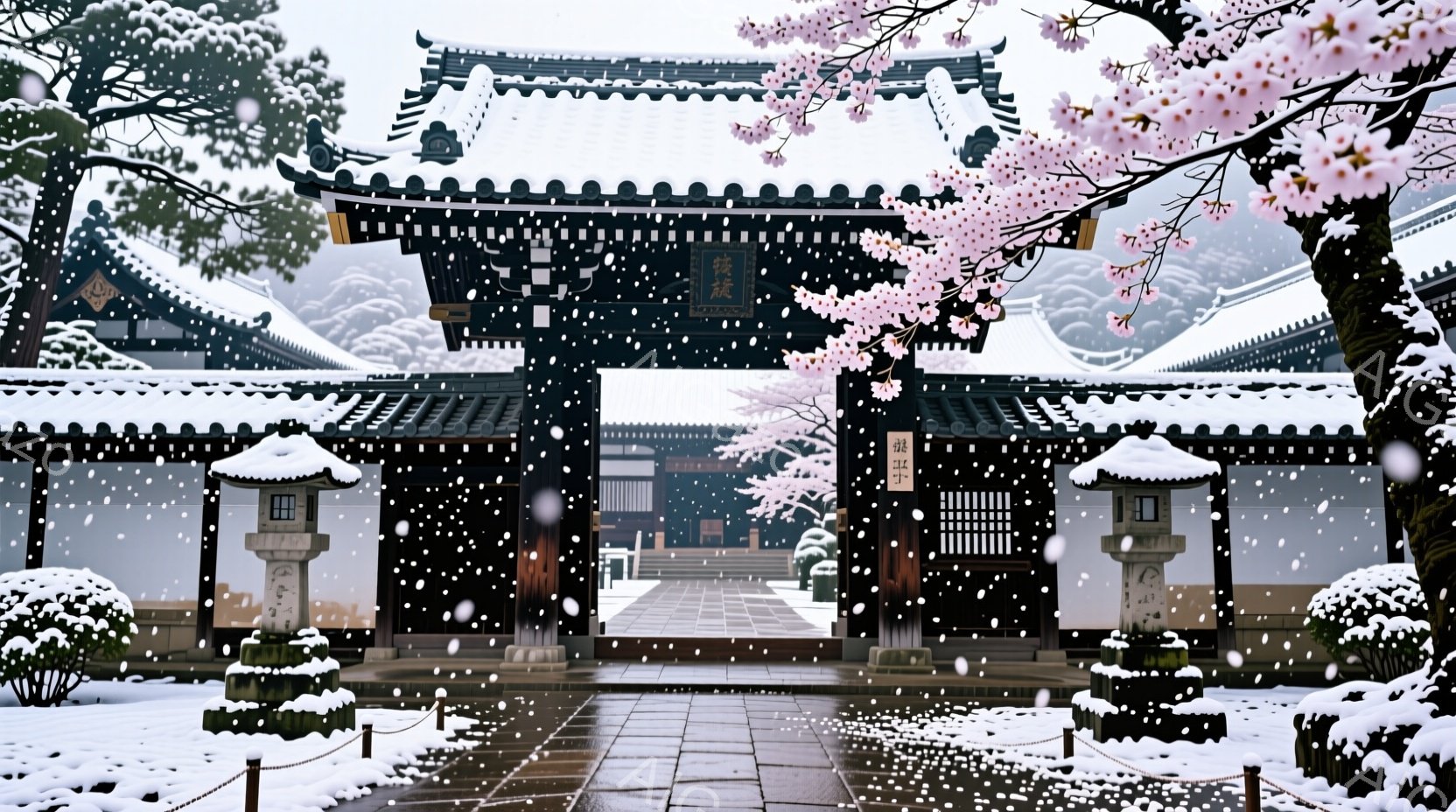 雪が降り積もる中、伝統的な寺院の門が鮮やかに映し出されています。門の両脇には雪を被った石灯籠が立ち並び、桜の花が咲き誇る木が春の訪れを告げています。厳かな雰囲気と、降り積もる雪が静寂と美しさを強調しています。