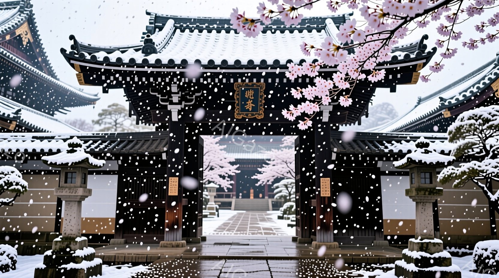 雪が舞い降りる中、荘厳な寺院の門が印象的な光景です。朱色の柱と黒色の屋根がコントラストをなし、両脇には雪を被った松が配置されています。門の奥には、桜並木が続く参道が見え、静寂で神聖な雰囲気が漂っていま - AI生成フリー素材