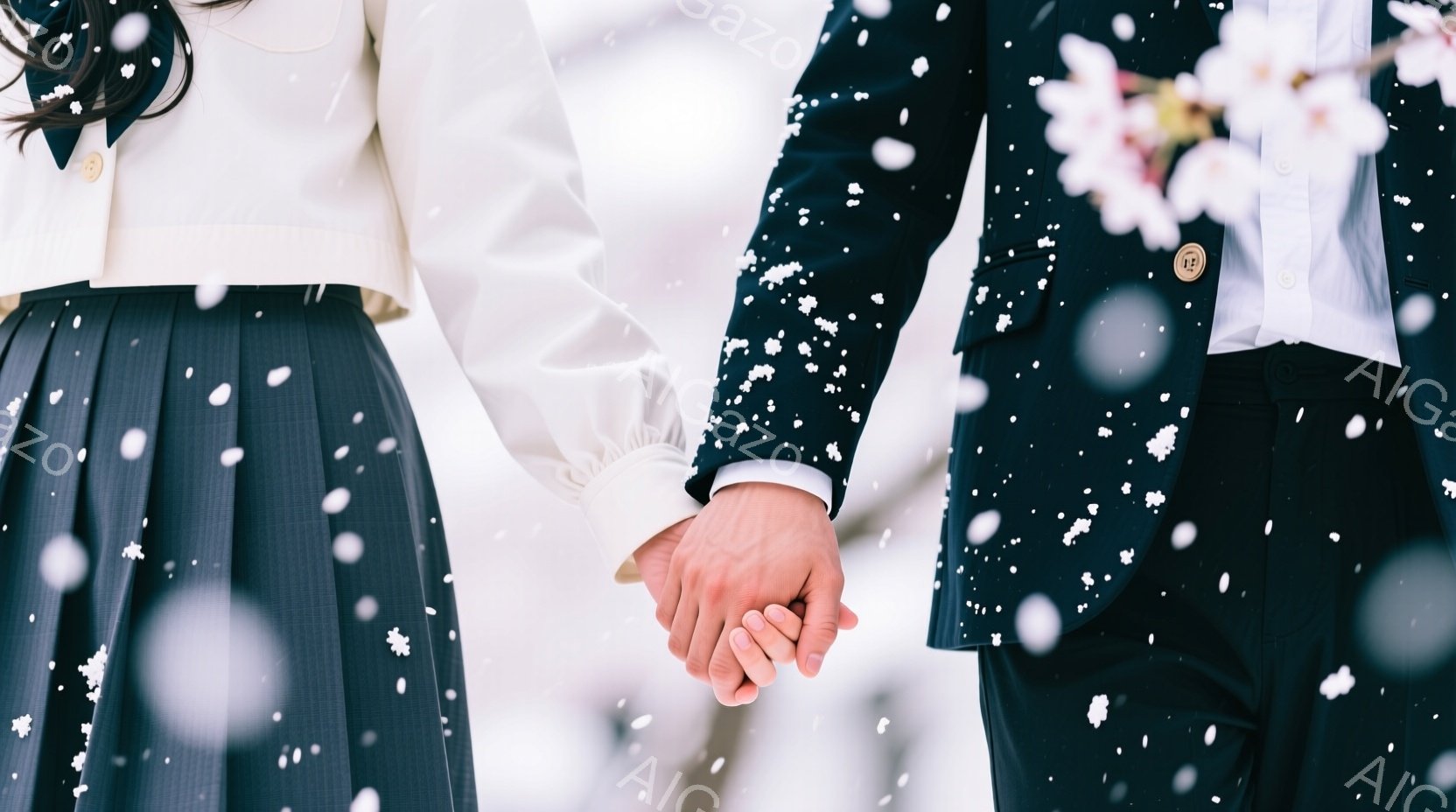 紺色のプリーツスカートと白いブラウスを着た女性と、黒いスーツを着た男性が、雪が舞う中で手をつないでいます。二人は下を見つめ、穏やかな雰囲気が漂っています。背景は白く、雪が降り積もっている様子がうかがえ - AI生成フリー素材