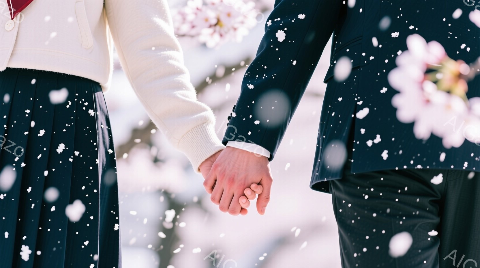 桜の花びらが舞う中で、手をつないでいる二人の姿を捉えています。女性は白いセーターと紺色のプリーツスカートを着用し、男性は紺色のスーツを着ています。背景は桜並木で、春の暖かくロマンチックな雰囲気が漂っています。
