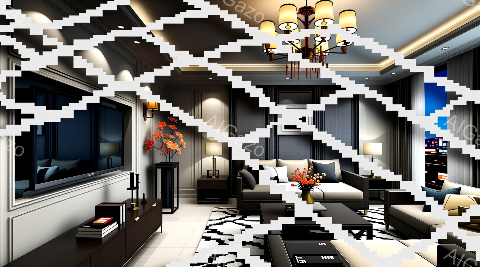 高級感のあるモダンなリビングルームを描写しています。黒と白を基調とした内装で、壁には装飾的なパネルが施され、床には幾何学模様のラグが敷かれています。中央には黒いソファと茶色のサイドテーブルがあり、部屋全体が洗練された雰囲気を醸し出しています。