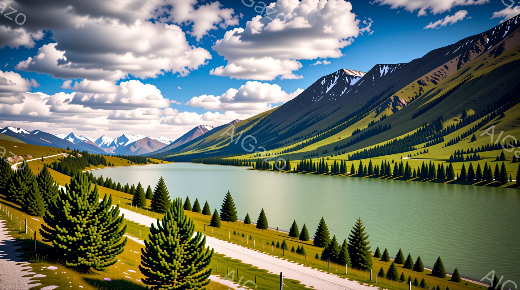 広大な緑の丘陵地帯とエメラルドグリーンの湖が広がる風景です。遠くには雪を頂いた山々が連なり、青い空には白い雲が浮かんでいます。湖畔には整然と並んだ針葉樹林と、道路が走っており、穏やかで静謐な雰囲気を醸し出しています。