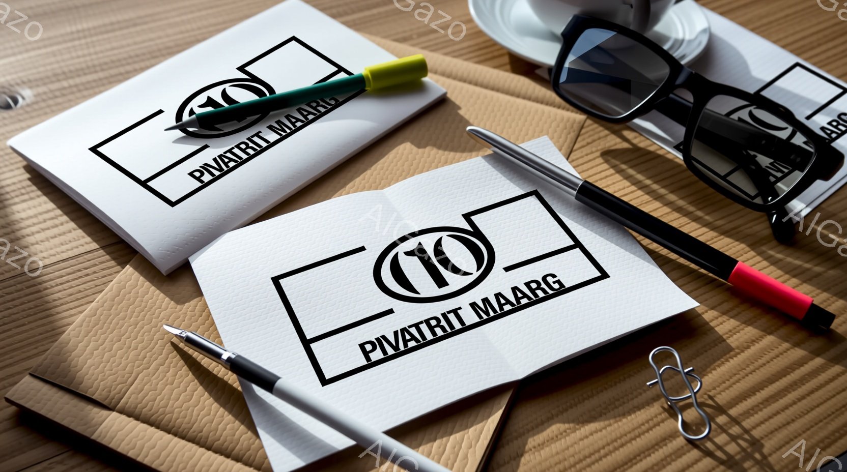 テーブル上にある封筒、ペン、メガネなどの物品を集めて、それらが一つのスタンプを形成する様子が写った写真です。全体として、これは仕事や忙しい日常生活における補助的なオブジェクトとなります。