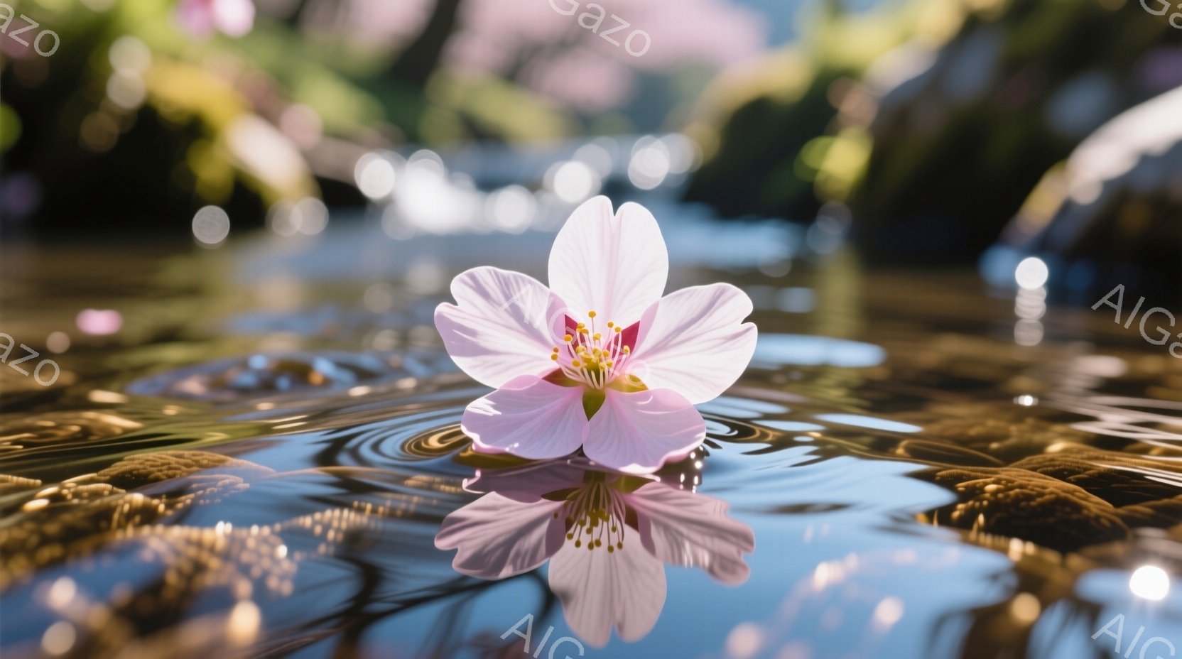 淡いピンク色の桜の花が水面に浮かび、静かな水紋が周囲に広がっている。水底には小石が敷き詰められ、水面にはわずかな光の反射が見られ、春の穏やかな一日を連想させる。背景はぼやけており、桜の花びらが散らばっ - AI生成フリー素材