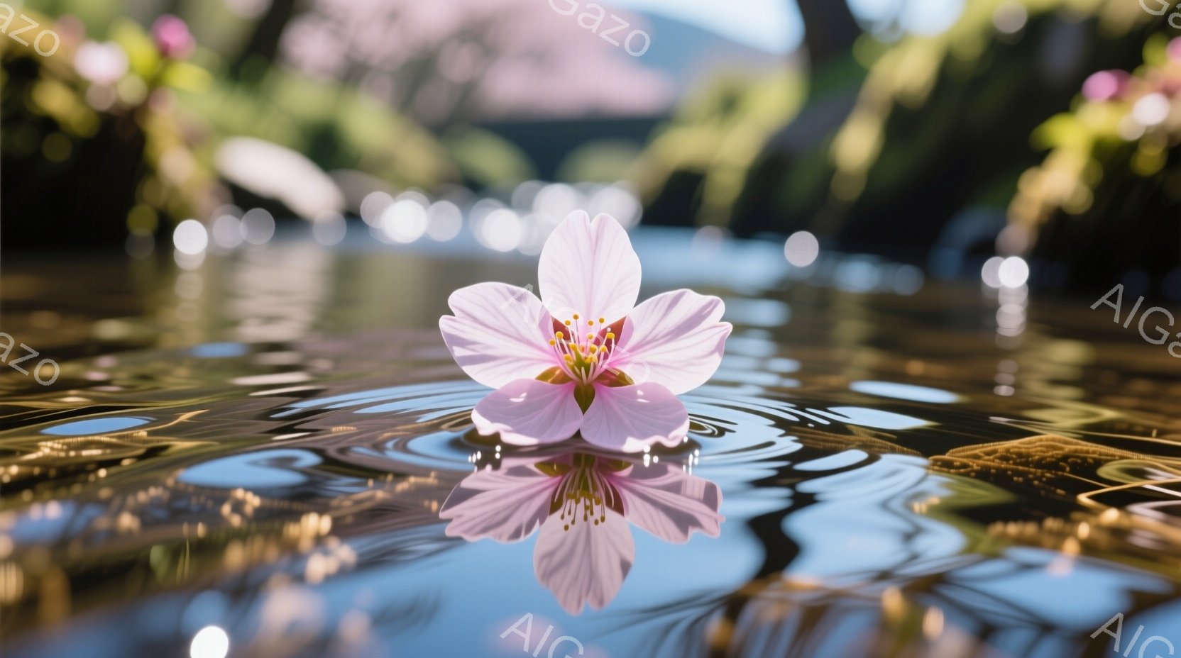 淡いピンク色の桜の花が一輪、水面に浮かび、その姿を水面に映し出しています。背景にはぼやけた緑の木々や、遠くに見える山々が広がり、穏やかで幻想的な雰囲気を醸し出しています。水面の波紋が、桜の花の美しさを - AI生成フリー素材
