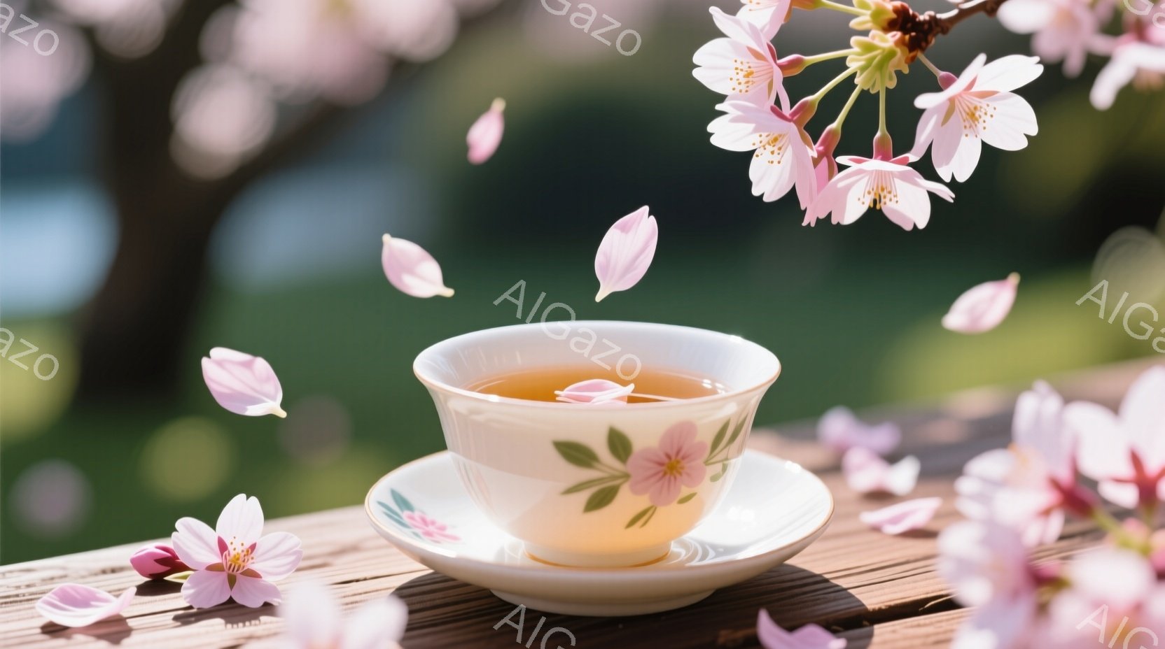 桜の花びらが舞う中、白地にピンクの花柄が描かれた湯呑みが木製の台に置かれている。湯呑みには琥珀色の液体が入っており、春の穏やかな日差しが背景の緑と桜の花を照らしている。全体的に、春の暖かさと静けさを感じさせる、優雅で穏やかな雰囲気である。