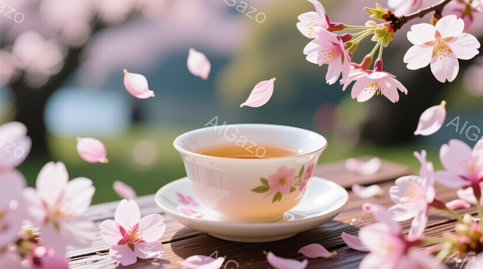 白い桜柄のティーカップとソーサーが、木製のテーブルの上に置かれています。周りには桜の花びらが舞い、背景には緑豊かな自然とぼんやりとした建物が見え、春の穏やかな雰囲気を醸し出しています。全体的に、静かで優雅な、春の訪れを感じさせる光景です。