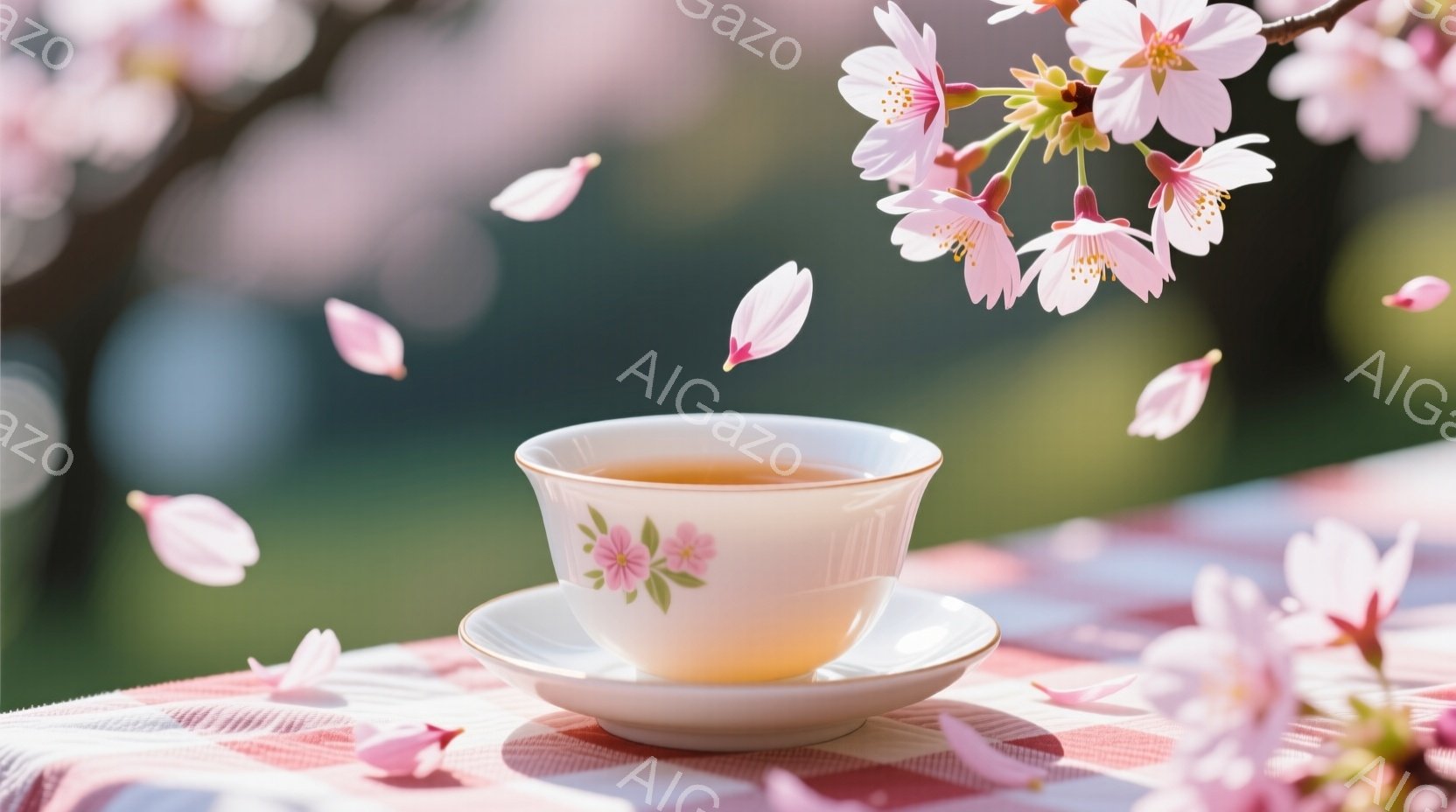 白いカップとソーサーが、ピンクと白のチェックのテーブルクロスの上に置かれ、温かいお茶が注がれています。背景には、桜の花びらが舞い、ぼやけた桜の木が見え、春の穏やかな日を表しています。全体的に、リラック - AI生成フリー素材