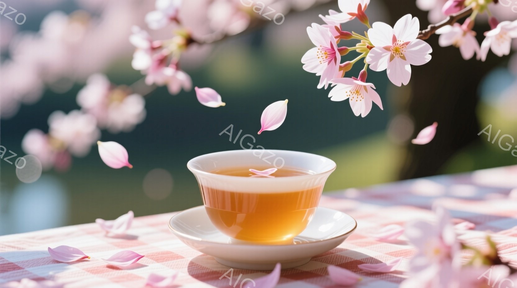 白い茶碗とソーサーに琥珀色の液体が入っており、桜の花びらが舞い散る中でテーブルの上に置かれています。背景にはぼやけた桜の木々と、柔らかい光が差し込む春の暖かさが感じられます。全体的に穏やかで優雅な雰囲気で、日本の春の美しさを表現しています。