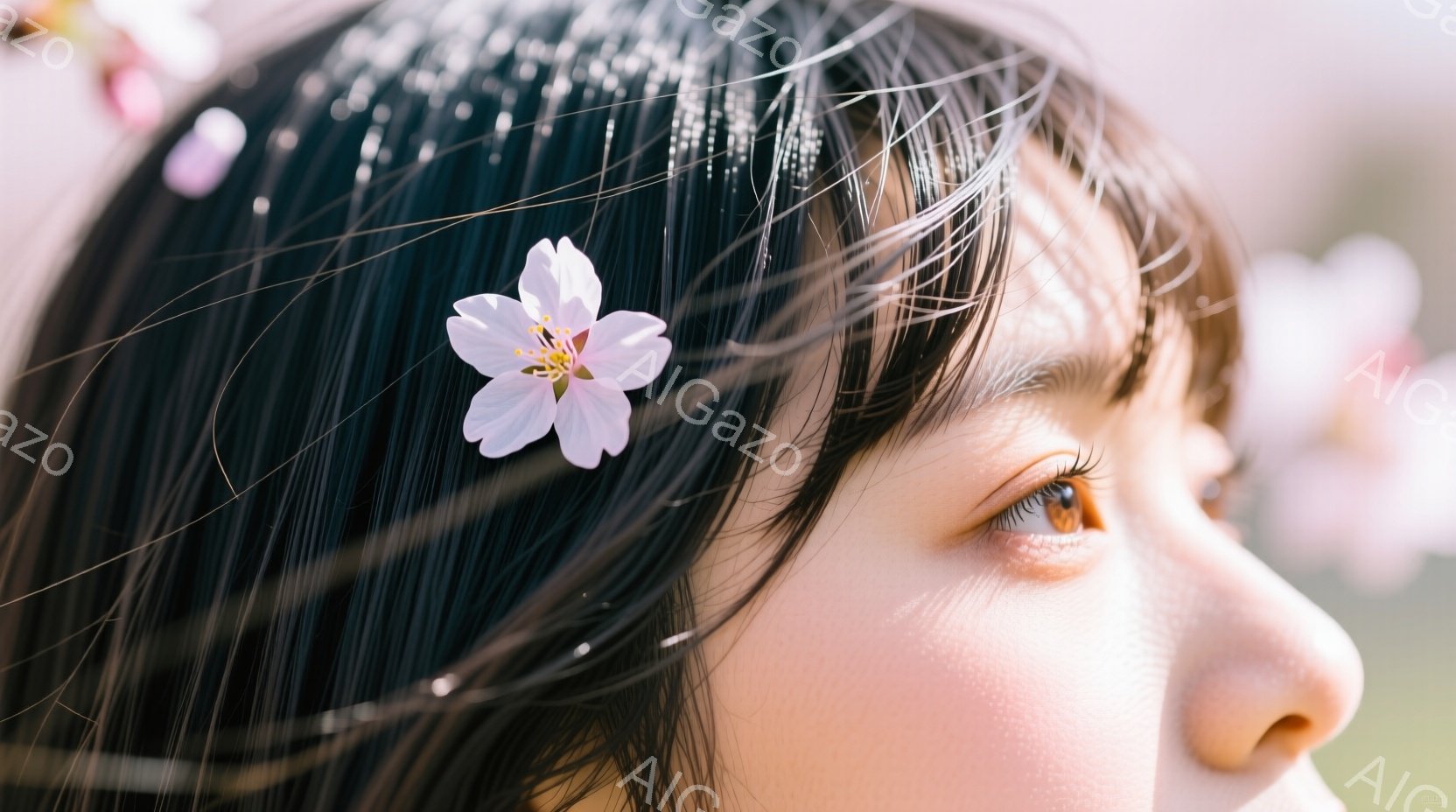 黒髪に一輪の桜の花を飾った女性の横顔が写っている。彼女は空を見上げ、少し憂いを帯びた表情で遠くを見つめている。背景にはぼやけた桜並木が広がり、春の暖かく儚い雰囲気を醸し出している。 - AI生成フリー素材