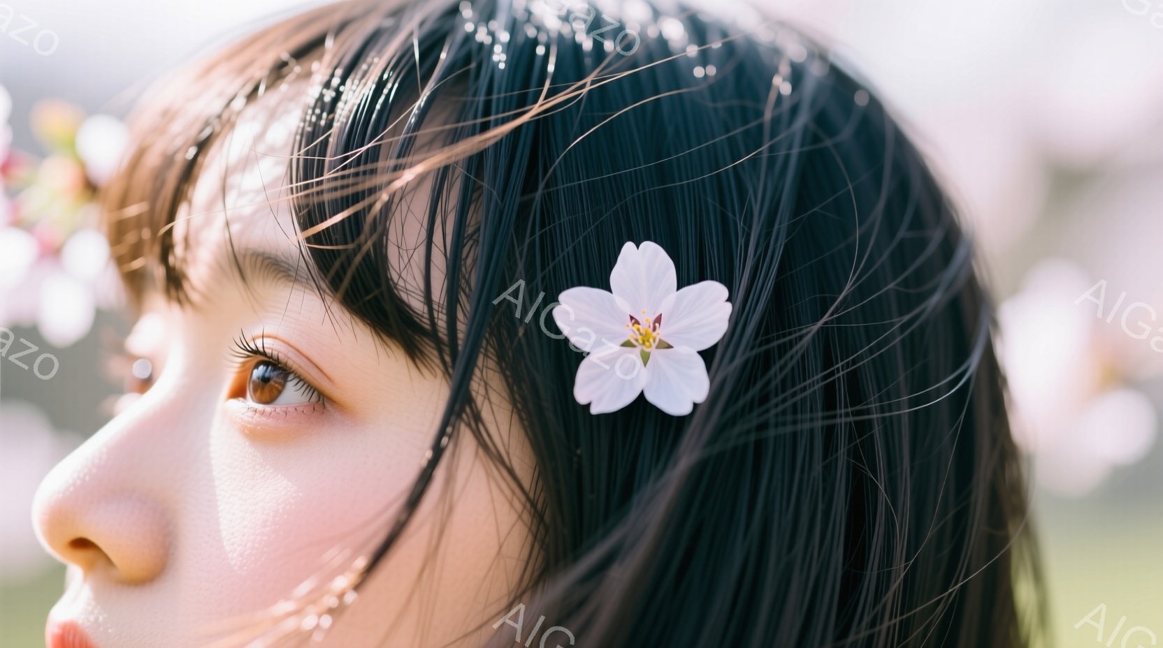 黒髪の女性が桜の花を髪飾りとしてつけているクローズアップ写真です。彼女は横顔で、穏やかな表情をしており、背景にはぼやけた桜並木が見えます。全体的に春の暖かく柔らかな雰囲気が漂っています。
