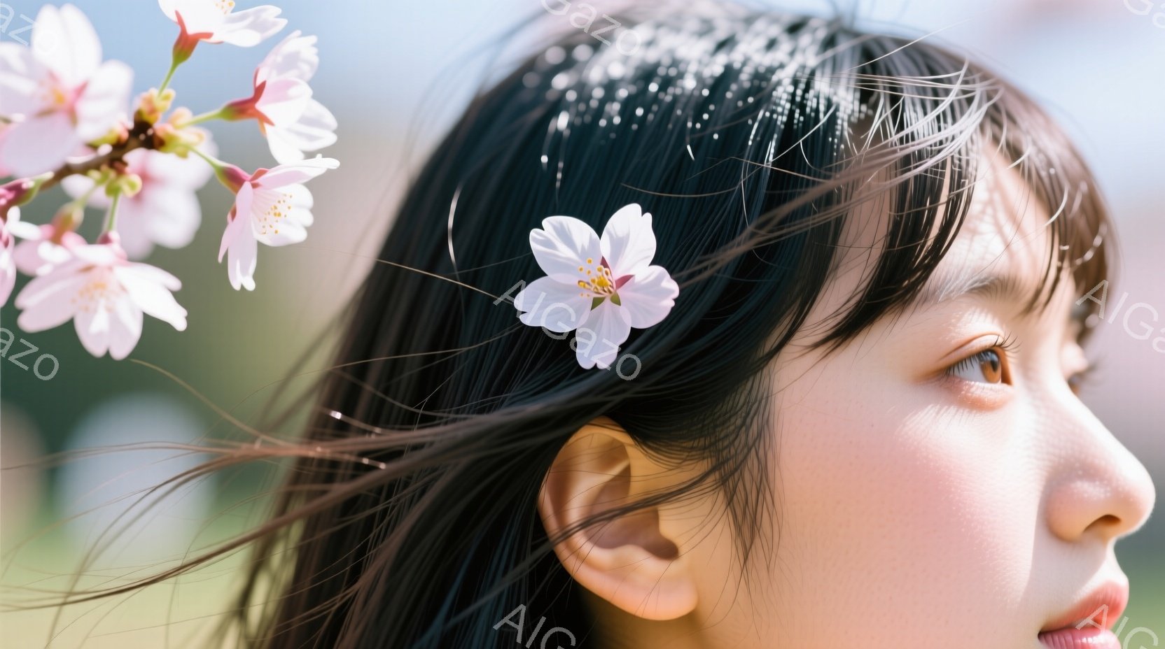 黒髪の女性が、片方の髪に白い桜の花を飾っています。彼女は少し上目線で遠くを見つめ、穏やかで物憂げな表情を浮かべています。背景にはぼやけた桜の木々と、春らしい柔らかい光が広がっています。