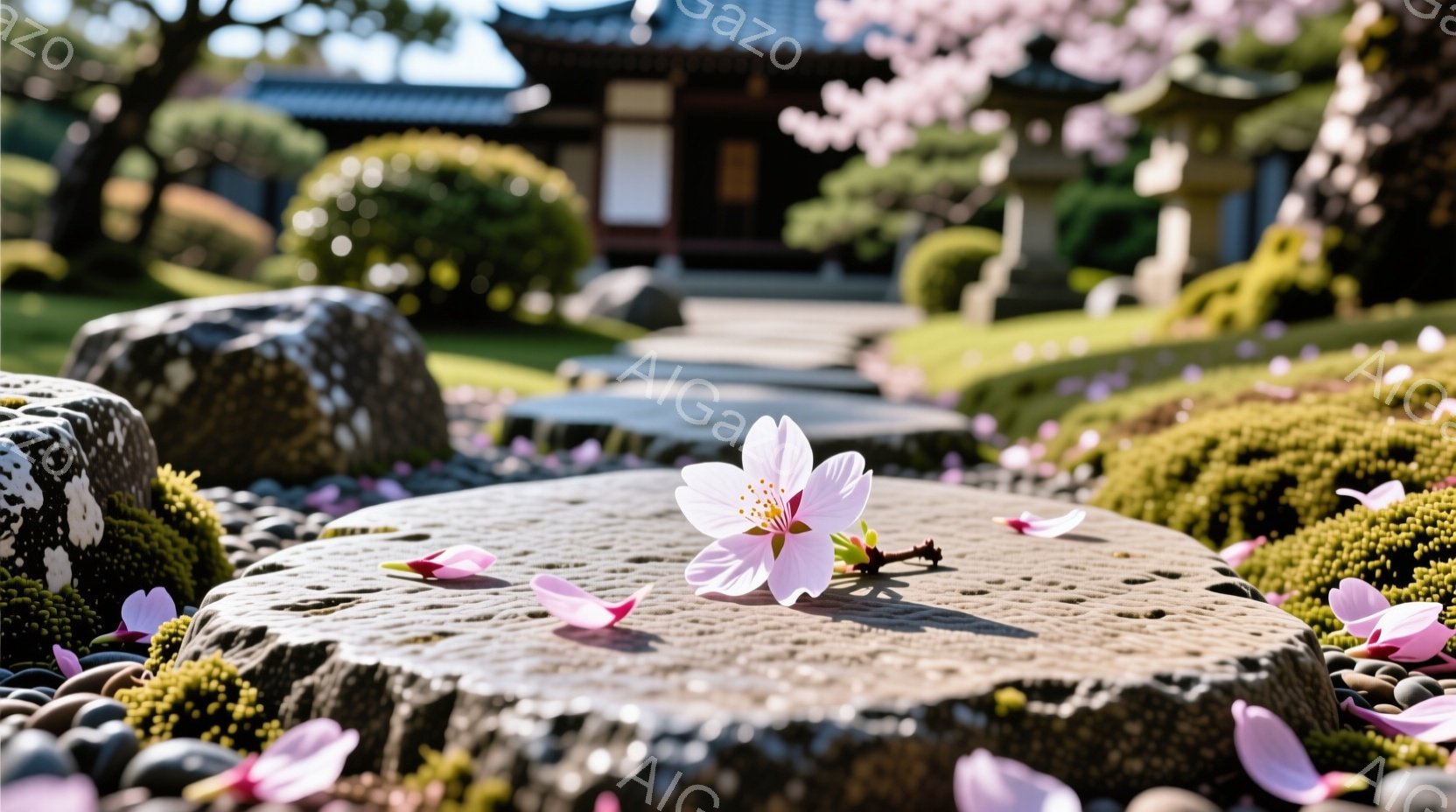 切り株の上に一輪の桜が咲き、周りには散った花びらが広がっている。背景には緑豊かな庭園と、伝統的な和風建築が見え、穏やかな春の陽気が感じられる。苔むした石や小石が敷き詰められた道が、静寂で美しい庭園の雰囲気を高めている。