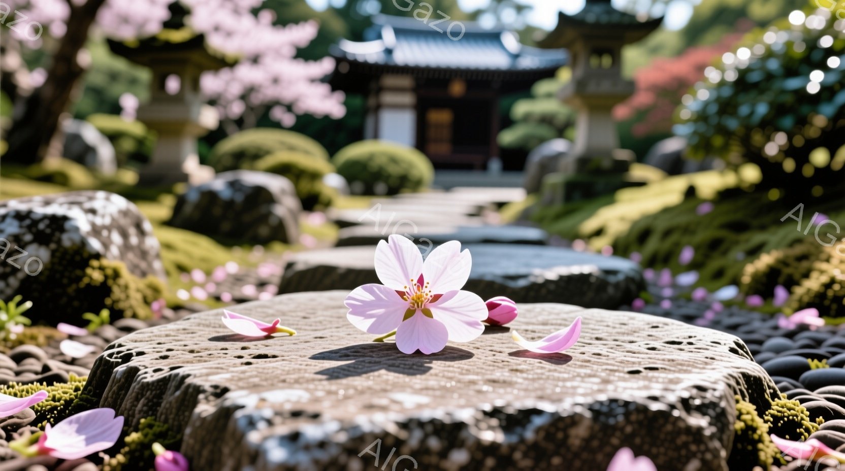 苔むした石の上に、一輪の桜の花びらが乗っているクローズアップ写真です。背景には、手入れの行き届いた庭園と、桜の木々、そして日本の伝統的な建築様式の建物が見え、春の穏やかな雰囲気を醸し出しています。ピンク色の花びらが散りばめられた石畳の道が、奥行きを深め、静寂で美しい情景を作り出しています。