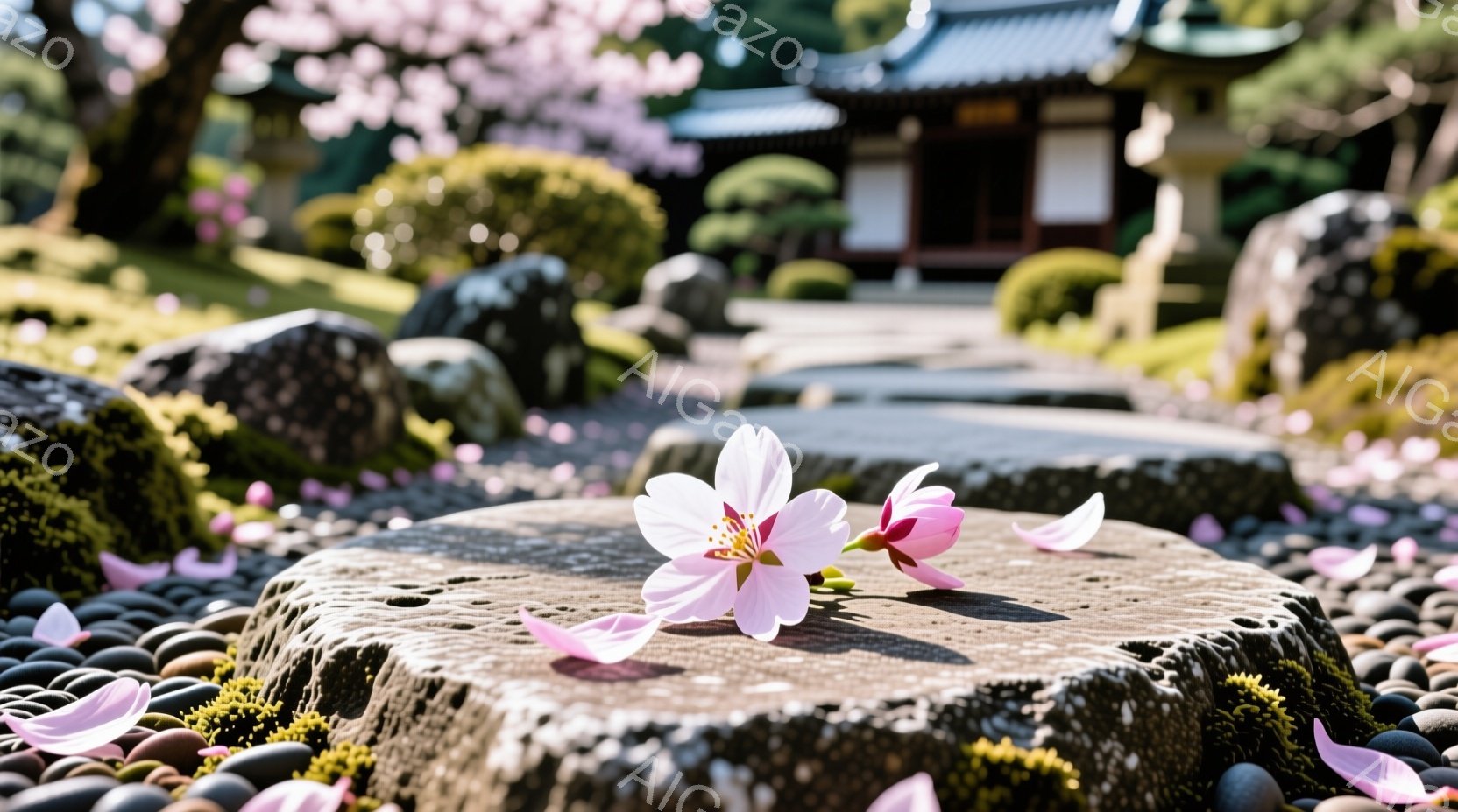 石畳の道に沿って配置された苔むした石の上に、数枚の桜の花びらが舞い降りた様子が捉えられています。背景には、ピンク色の桜が咲き誇る木々と、伝統的な日本の建築様式の建物が見え、春の穏やかな日差しが降り注い - AI生成フリー素材