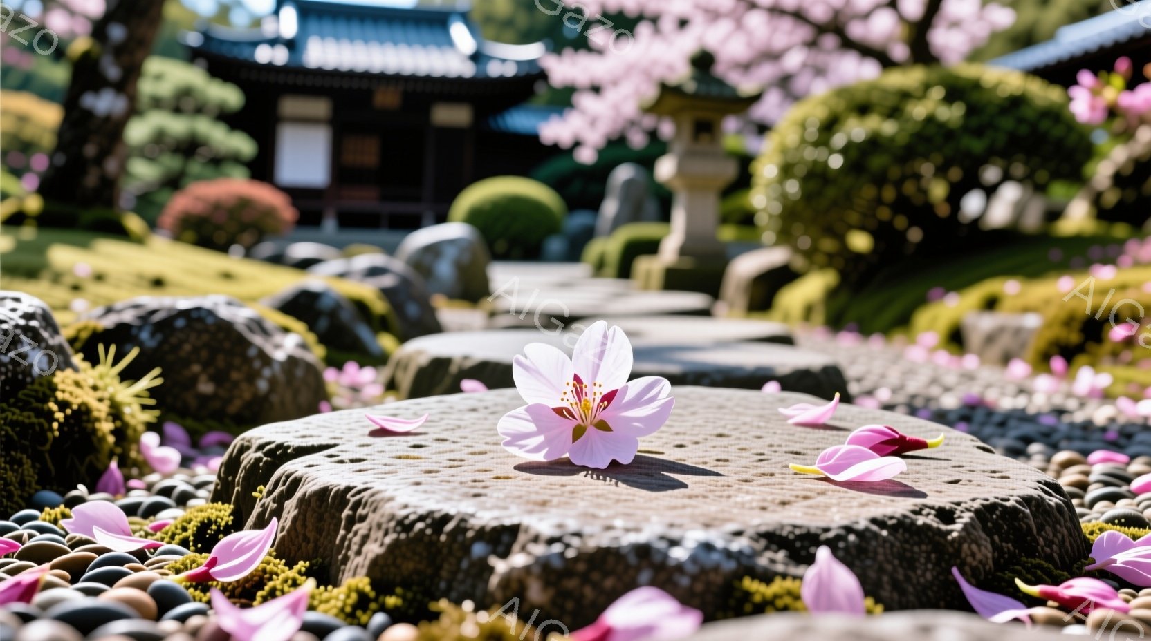 桜の花びらが散りばめられた石畳の道が印象的な風景です。苔むした石の上に、一本の桜が咲き誇り、周囲には散った花びらが舞っています。背景には、緑豊かな庭園と、伝統的な様式の建物が見え、穏やかで静謐な雰囲気 - AI生成フリー素材