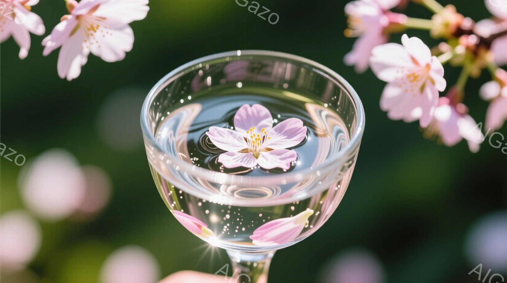 ピンク色の桜の花びらが水が入ったグラスの中に浮かんでおり、その周りにはさらに桜の花が咲き乱れている様子が捉えられています。背景は緑豊かな自然で、春の穏やかな日差しが感じられます。全体的に、優雅で静謐な - AI生成フリー素材