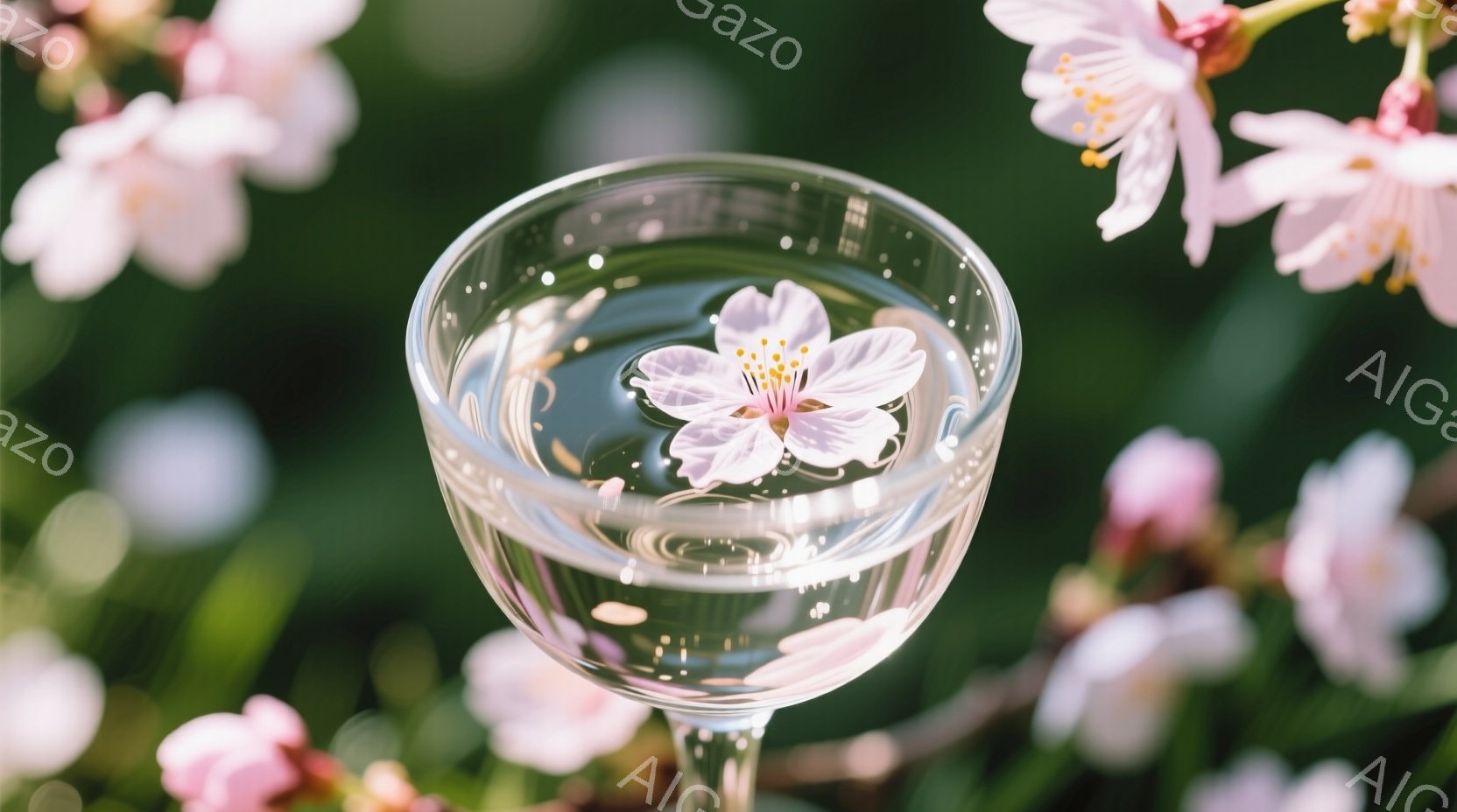 透明なグラスの中に、淡いピンク色の桜の花びらが浮かんでいる。背景は桜の花が咲き誇るぼやけた木々で、春の穏やかな雰囲気を醸し出している。全体的に柔らかく、優雅で、春の訪れを感じさせる美しい光景である。 - AI生成フリー素材