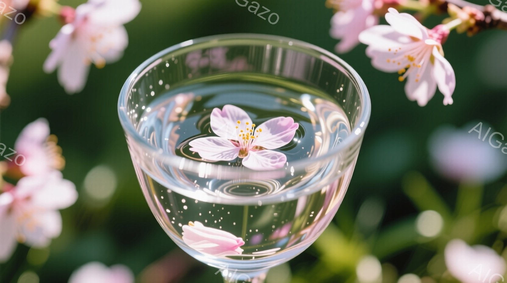 透明なガラスの器に水が満たされ、ピンク色の桜の花びらが浮かんでいる。背景には、ぼやけた桜の花が咲き乱れ、春の穏やかな雰囲気を醸し出している。水面に映る桜と、水中の花びらが織りなす幻想的な光景が印象的で - AI生成フリー素材