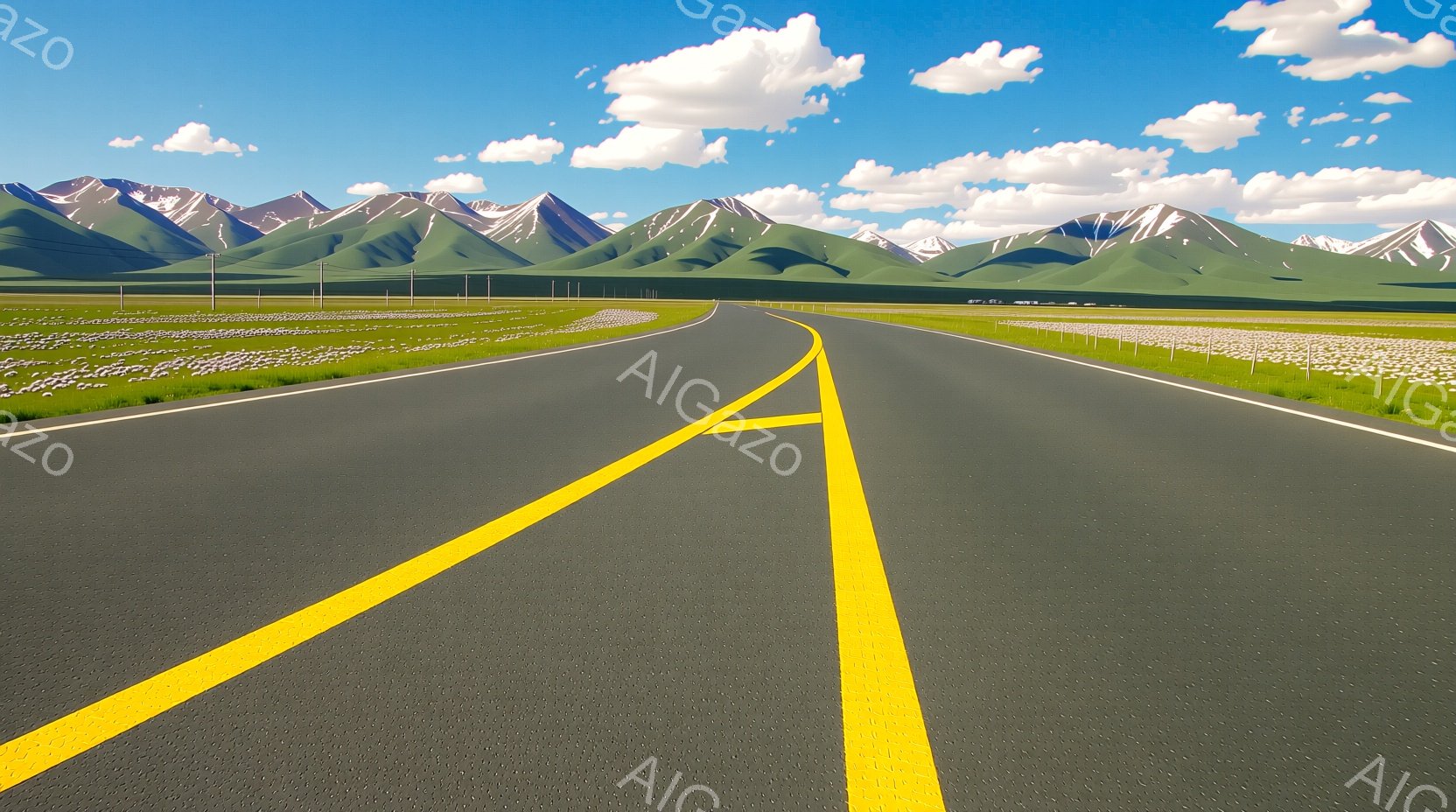 舗装された道路が手前に広がり、黄色いセンターラインが両方向に伸びています。背景には緑の丘陵地帯と雪を頂いた山々が連なり、青空と白い雲が広がっています。道路の脇には緑の草が生い茂り、穏やかで平和な雰囲気 - AI生成フリー素材