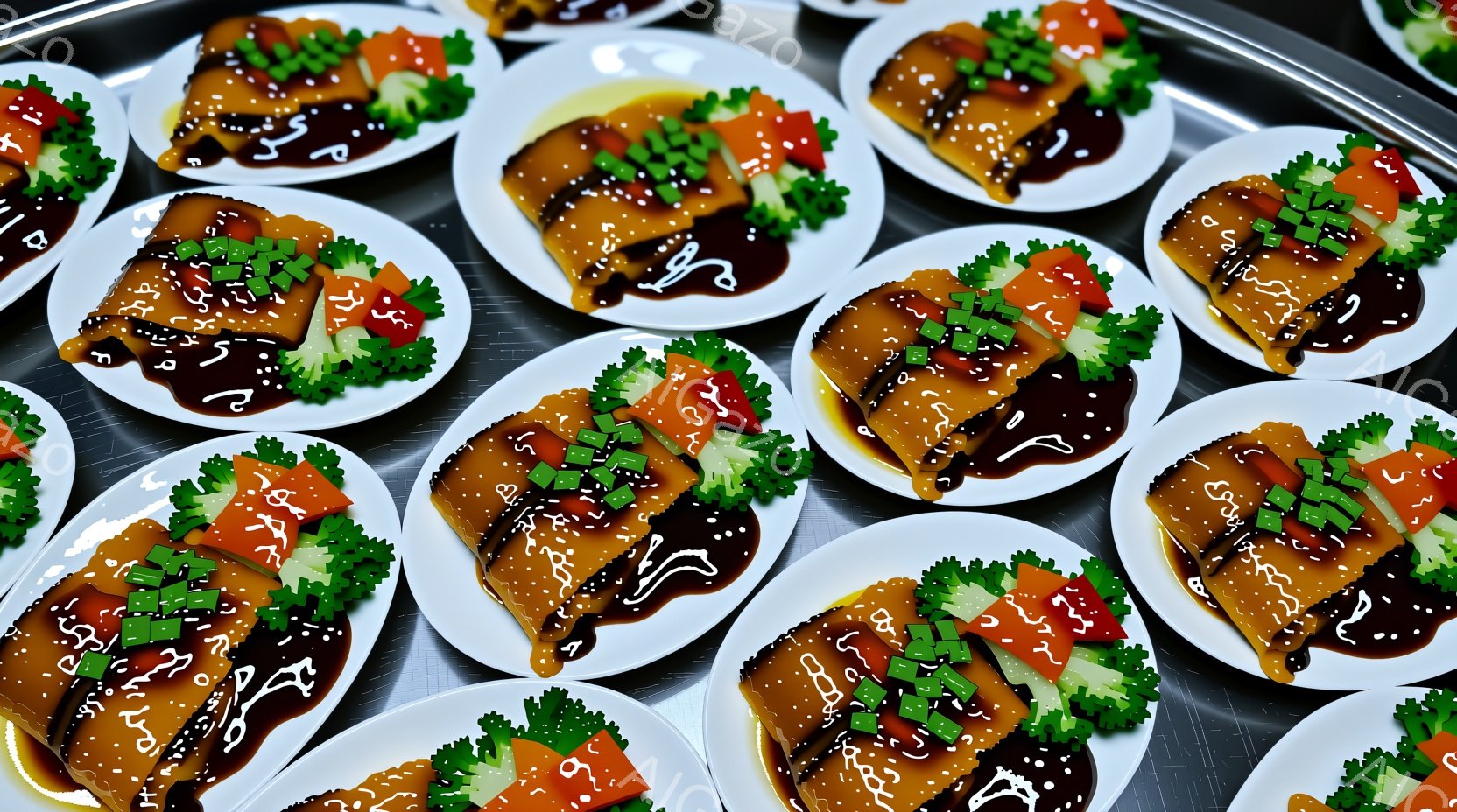 白い皿に盛り付けられた料理が整然と並べられています。料理は、角切りにしたようなオレンジ色の食材、緑色の葉野菜、刻まれた緑色のハーブ、そして茶色のソースで彩られています。ステンレス製のトレイの上に皿が並べられており、どれも均一に見えることから、料理が大量に用意されている様子が伺えます。