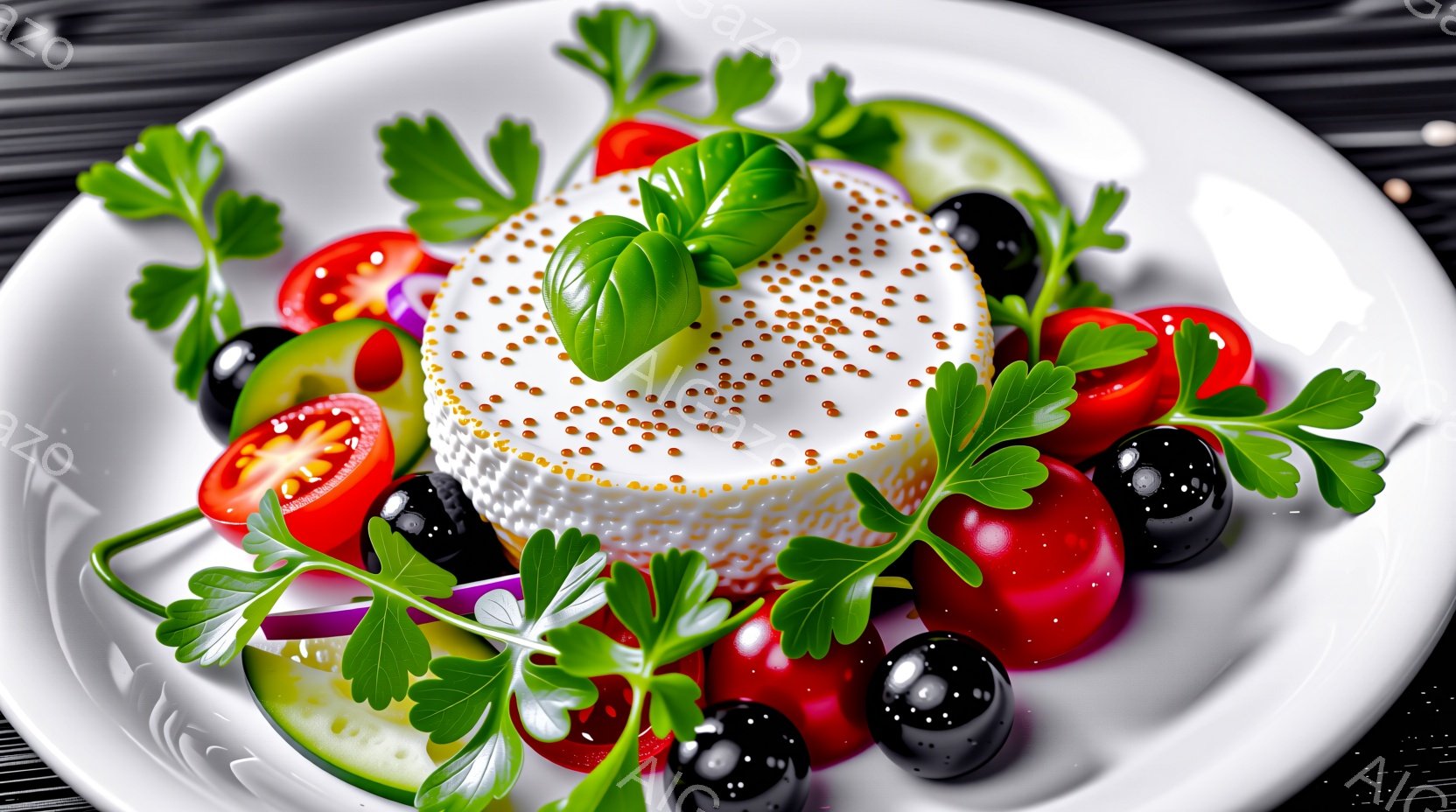 白いチーズが中心に盛り付けられ、周りにはスライスされたトマト、黒オリーブ、キュウリ、そしてパセリやバジルなどのハーブが彩りを添えています。チーズの表面には小さな種が散りばめられ、見た目にも食欲をそそる一品です。黒い背景とのコントラストが、料理をより際立たせています。