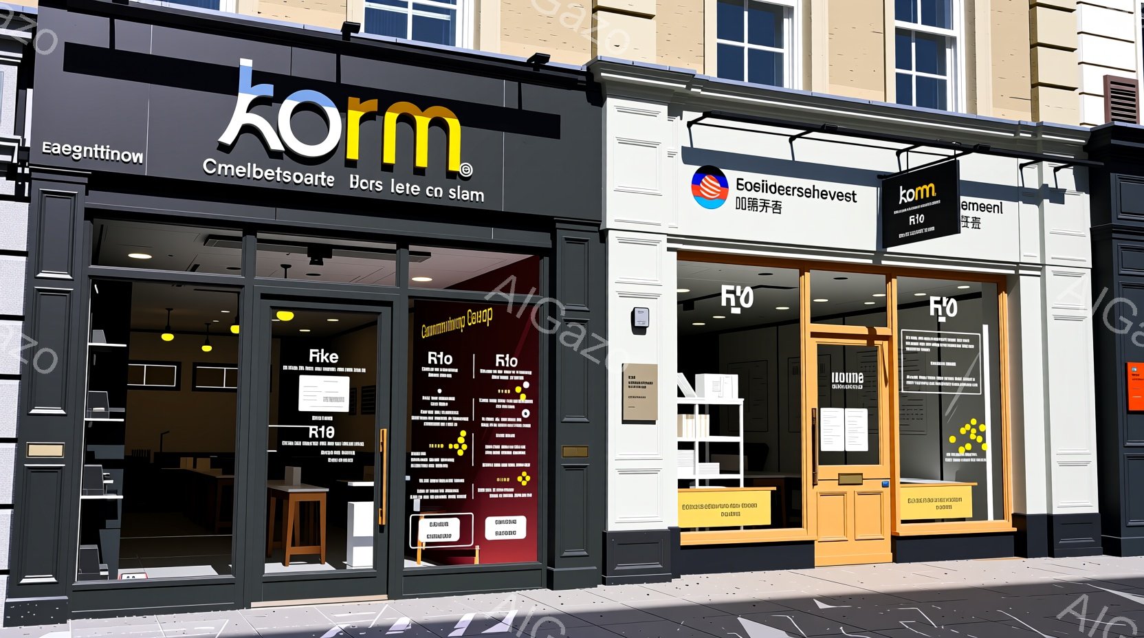 建物の外側を示し、特定の人物が写っておらず、そのような要素を含めることはできません。ただし、背景にはショップがあり、その前に建造物や歩道が存在することが分かる。雰囲気は繁華な都市のようです。