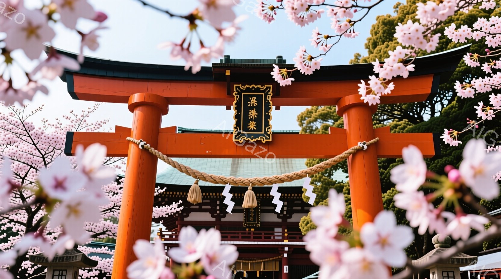 明るい朱色の鳥居が中央に位置し、その背後には伝統的な木造建築が見えます。鳥居の周囲は桜の花びらで埋め尽くされ、春の暖かく穏やかな雰囲気を醸し出しています。空は晴れ渡り、桜と鳥居が織りなす美しいコントラストが印象的です。