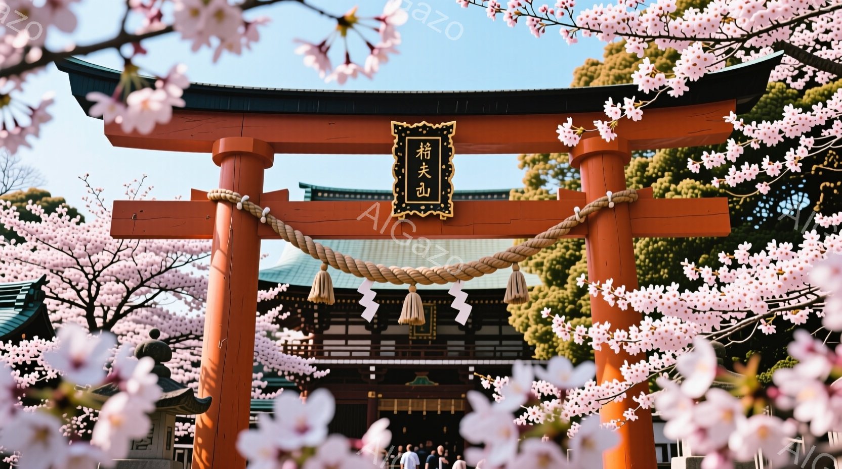 明るい春の日差しの中で、鮮やかな朱色の鳥居が咲き乱れる桜に囲まれています。鳥居の奥には、伝統的な日本の建築様式をした建物が見え、人々が参拝のために集まっている様子が伺えます。全体的に、穏やかで希望に満ちた、春の訪れを感じさせる雰囲気です。
