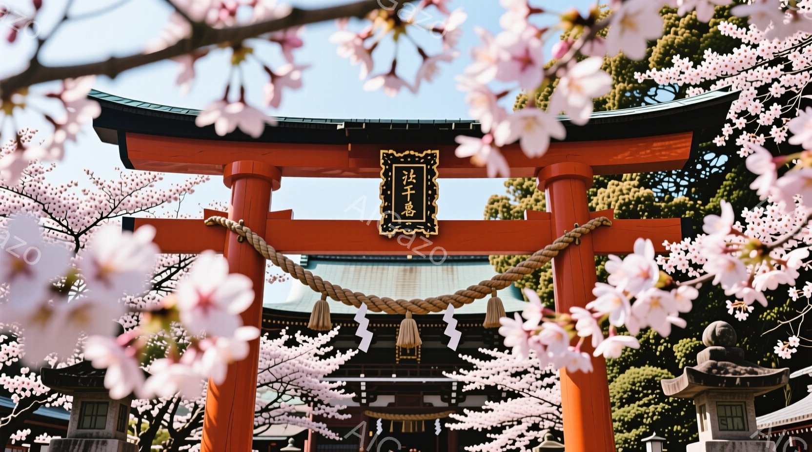 朱色の鳥居が画面中央に大きく構えられ、その周囲に桜の花びらが咲き乱れている様子が印象的だ。鳥居の上には「安産所」と書かれた木札が飾られ、参道には石灯籠が並んでいる。春の穏やかな日差しの中で、桜と朱色の - AI生成フリー素材